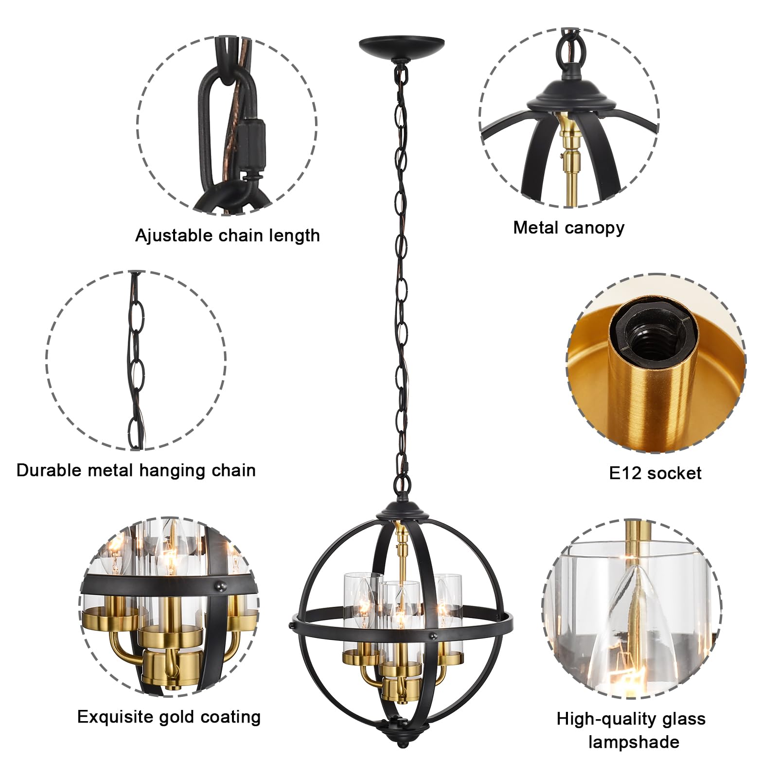 Treekee Rustic Chandelier, 14" Black and Gold 3-Light Pendant Light for Kitchen, Dining Room, Living Room, Iron Construction