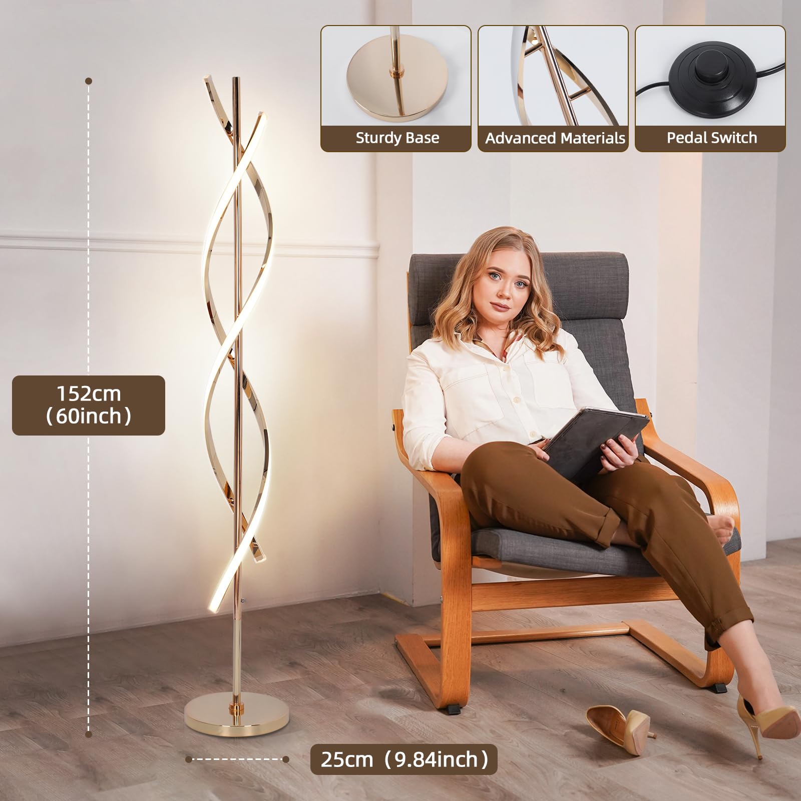 EIDEARAY LED Modern Floor Lamp, 40W Dimmable, Color-Changing, 60" Spiral Design, Gold, Model LDD-G1