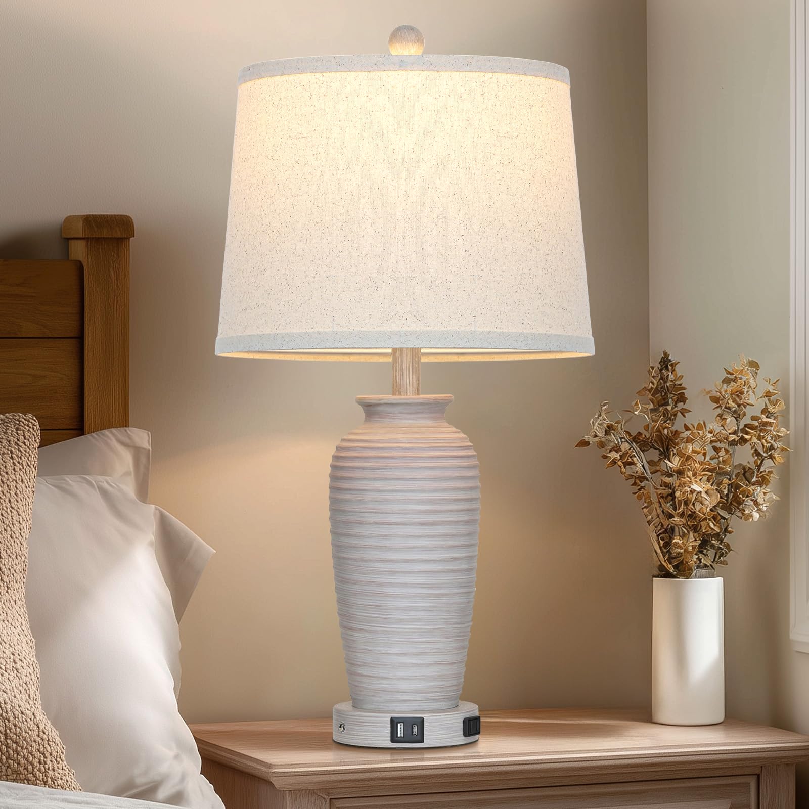 Cinsary 25 Farmhouse Jar Table Lamps, 3 Way Touch Control Rustic Bedside Lamps With Usb A+C Ports & Ac Outlet, Pot Nightstand La