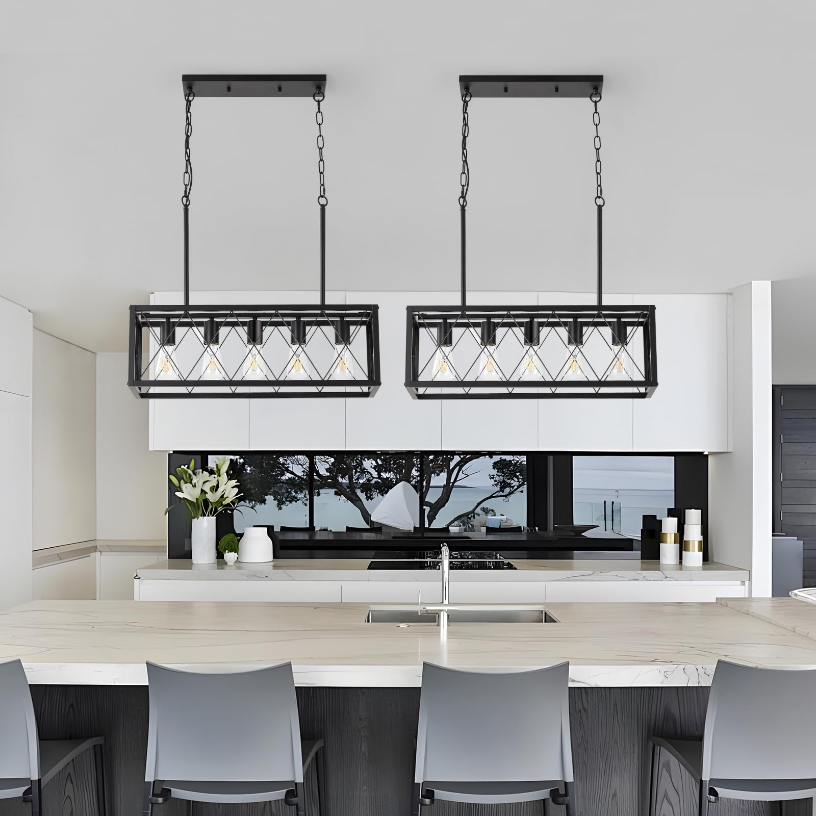 Keesfu Black Farmhouse Kitchen Island Lighting, 5 Lights Pendant Lighting Fixtures, Adjustable Height, Industrial Dining Room Light For Living Room Foyer Dining Table Over Sink.