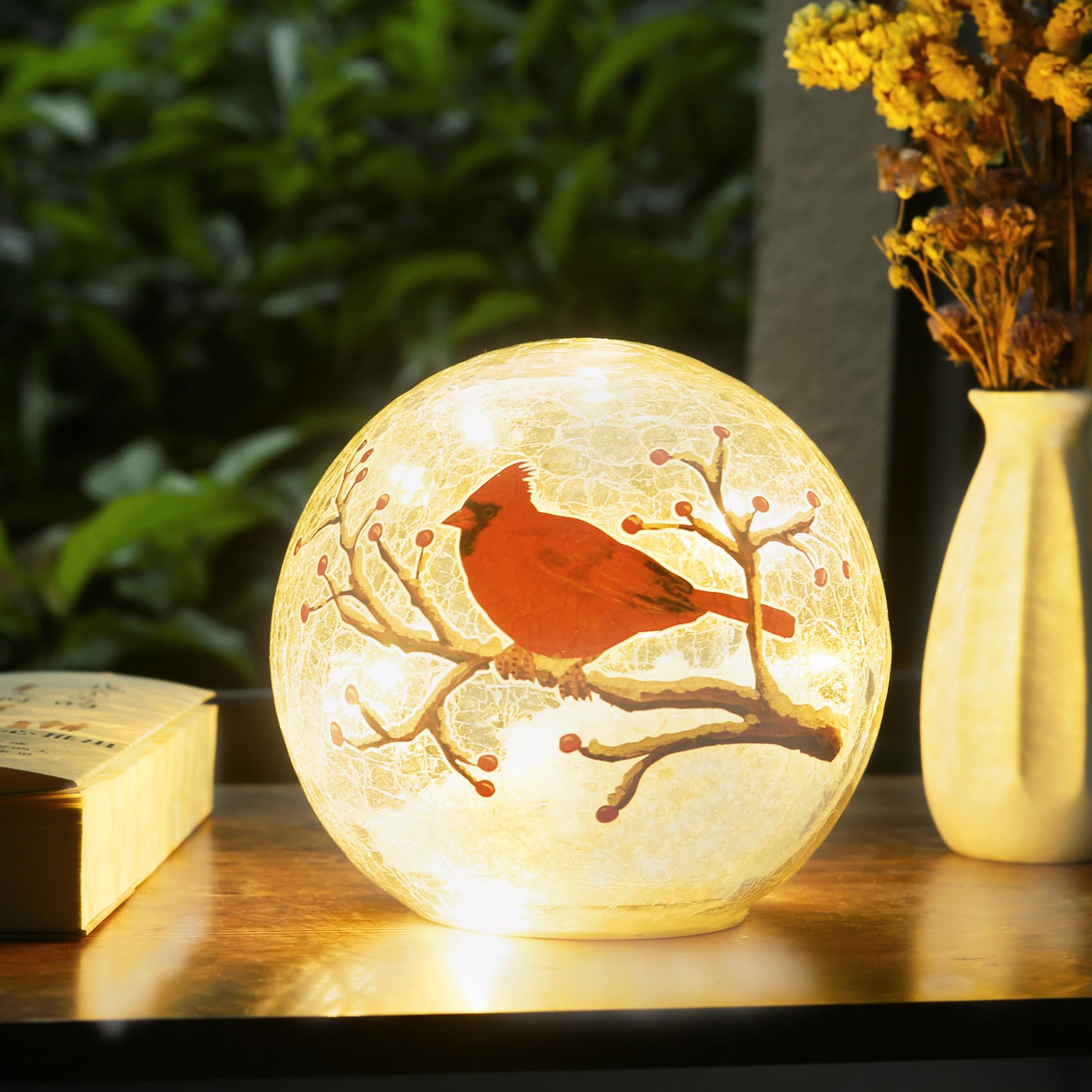 Kaowod Large Crackle Glass Ball Cardinal Lamp - Red Cardinal Stained Glass Accent Light, 8" Clear Globe Desk Lamp