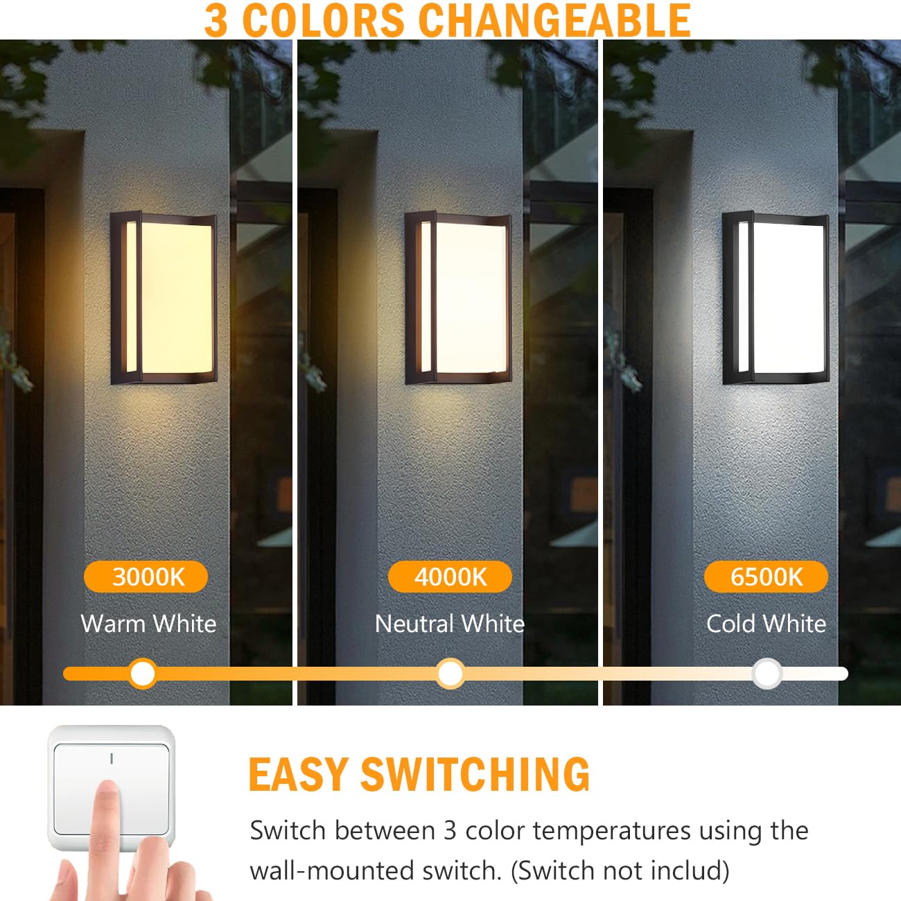 Wowlite Outside Lights For House Led, 18W Modern Front Porch Light 3000K 4000K 6500K 3 Colors Changeable, Aluminum Outdoor Light Fixture, Exterior Sconce For Garage Garden Patio