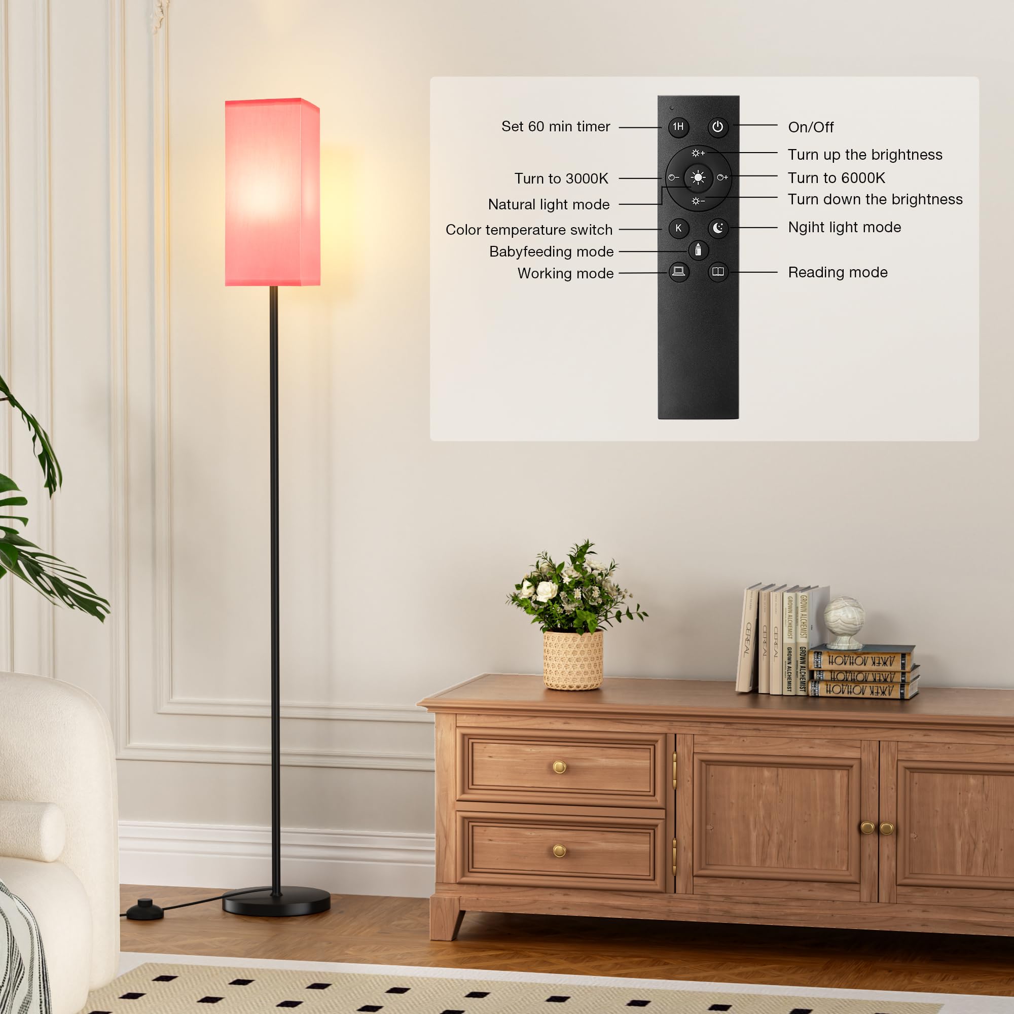 Ambimall Remote Control Floor Lamp, Stepless Dimmable, 64 Inches Tall, Include 9W Bulb, Standing Lamp For Living Room Bedroom Of