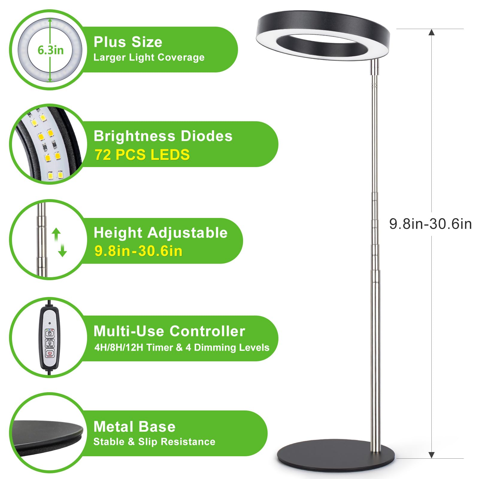 LORDEM LED Grow Light for Indoor Plants, Full Spectrum, 2 Pack, Height Adjustable 9.8"-30.6", Black, Automatic Timer, 4 Dimmable Levels