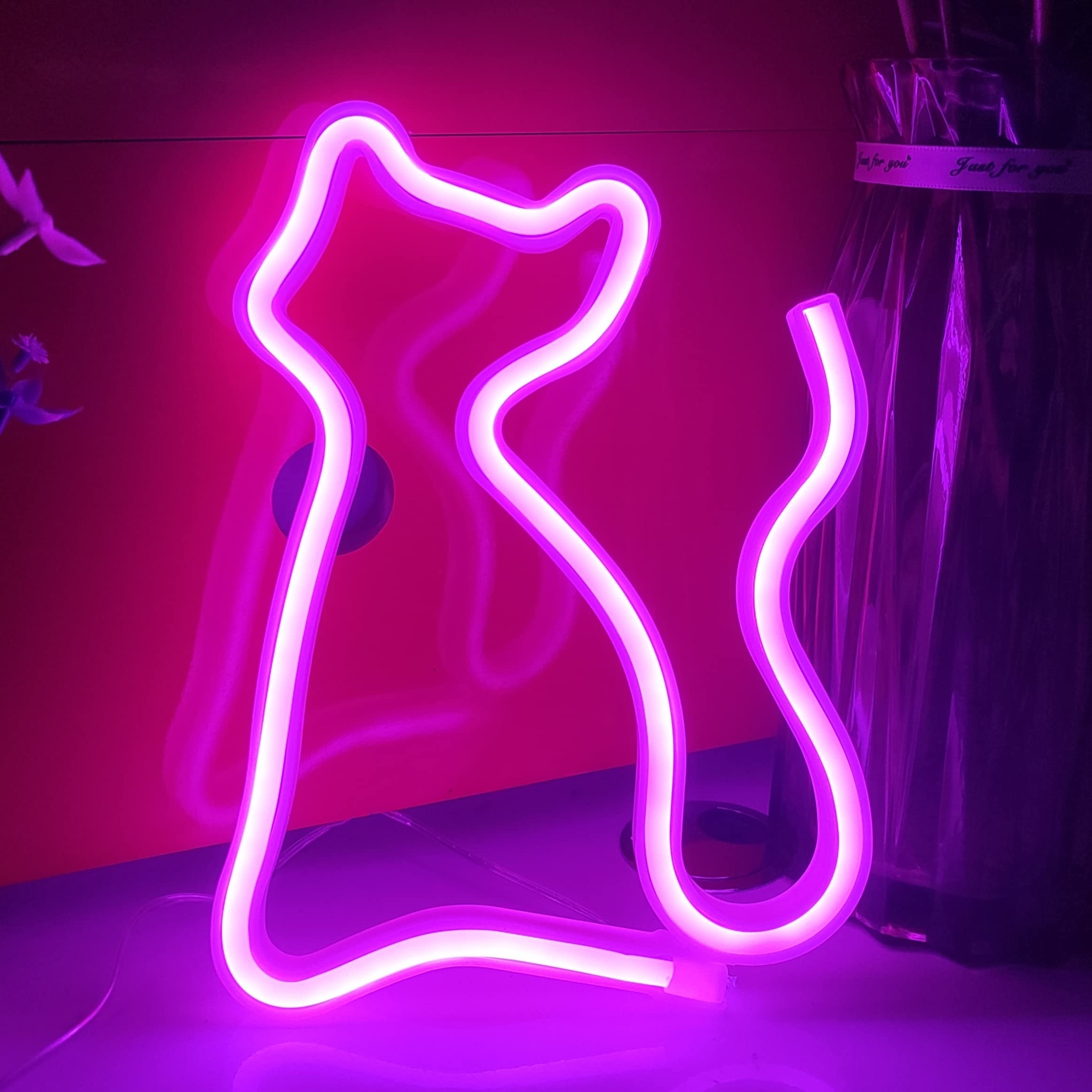 JYWJ Cat Neon Sign LED Light - USB/Battery Powered Table Decor, Pink, Model JJ-NEON-F1
