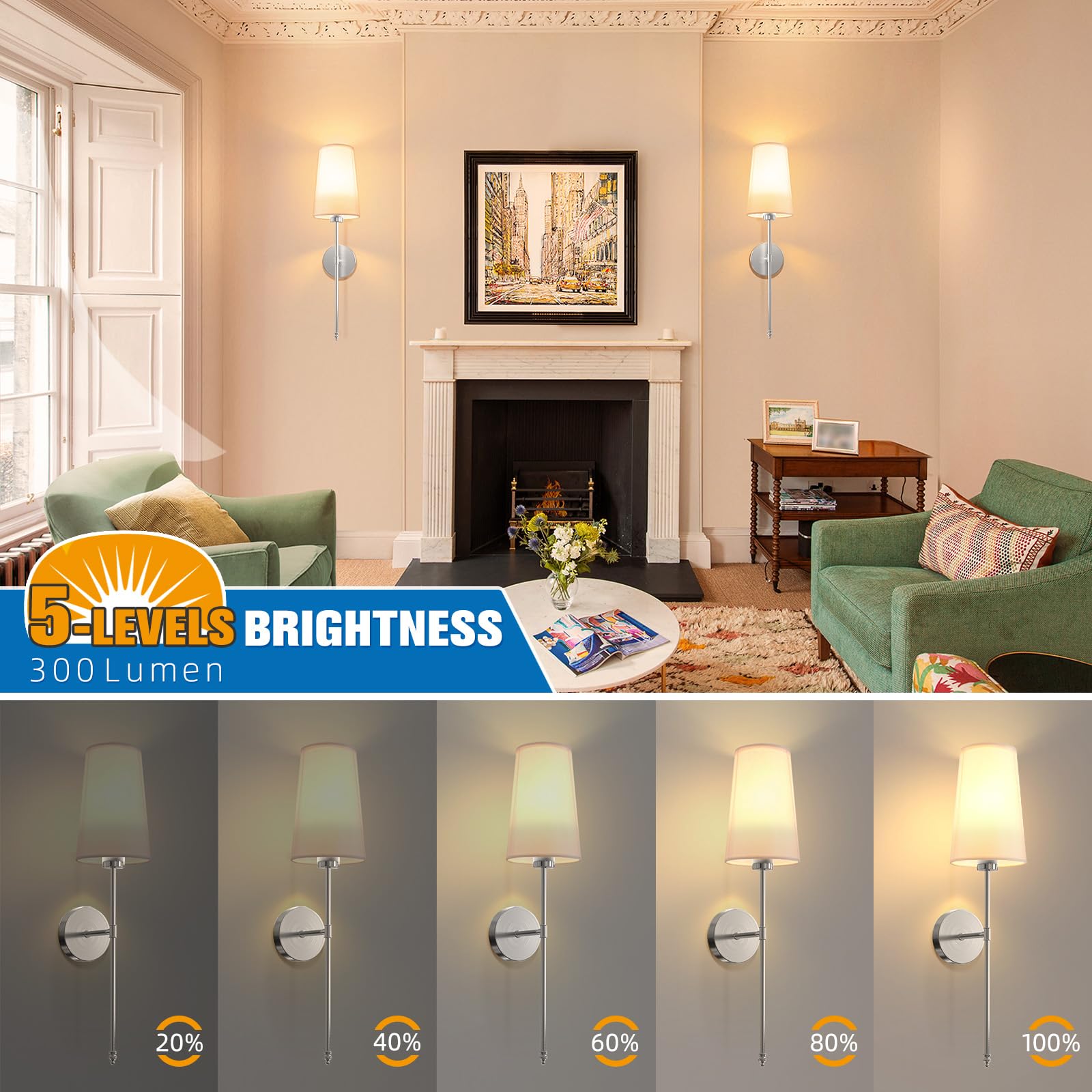 NIORSUN Wall Sconce Set of 2, Rechargeable, Dimmable Bulbs, 27 inch, Brushed Nickel, Model SW015