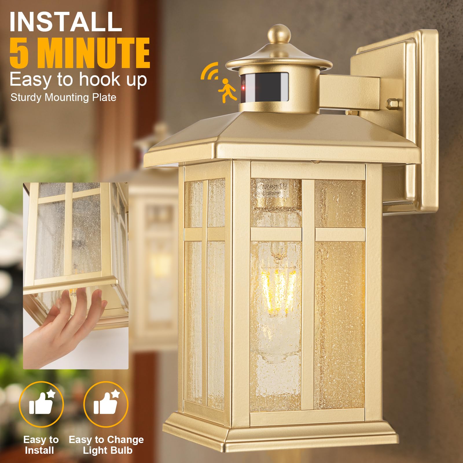 2-Pack Gold Exterior Motion Wall Sconces, Outdoor Waterproof Wall Light Fixtures Wall Mount, Dusk To Dawn Outside Lights For Hou