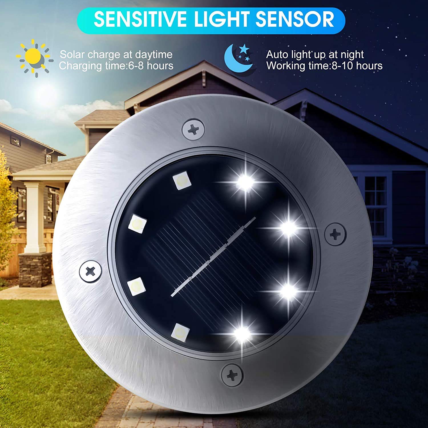 Bell+Howell Solar-Powered Disk Lights, 8-LED Bulbs, Waterproof, Set of 4, Silver, Model 2016
