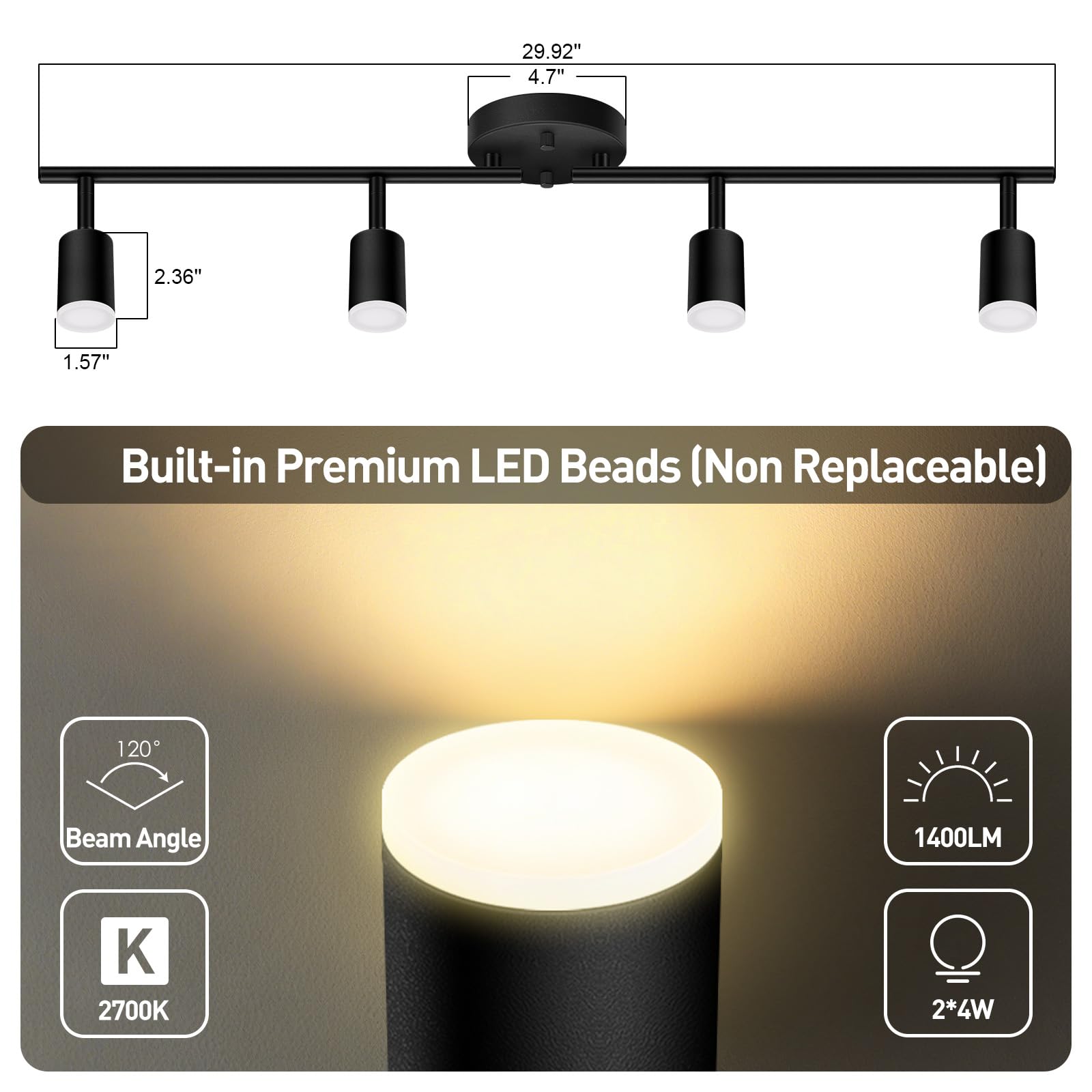 Auquee 4 Light Track Lighting Fixtures Ceiling  16W/2700K Black Track Lighting With Acrylic Lampshade & Rotatable Light Heads  20000Hrs Lifespan  Modern Led Track Lights Ceiling For Kitchen/Hallyway