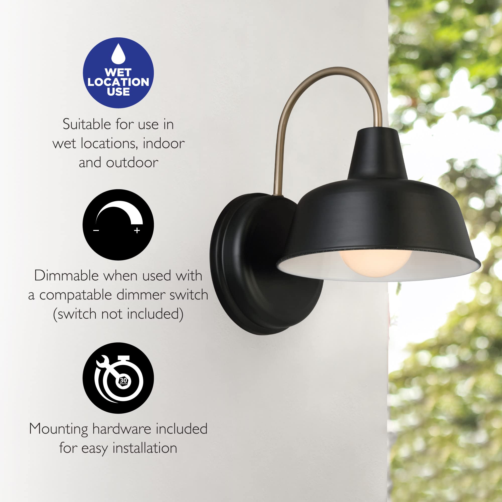 Design House Barn Light, Indoor/Outdoor Wall Mount, 8-Inch, Alloy Steel, Matte Black and Gold, Model 588285