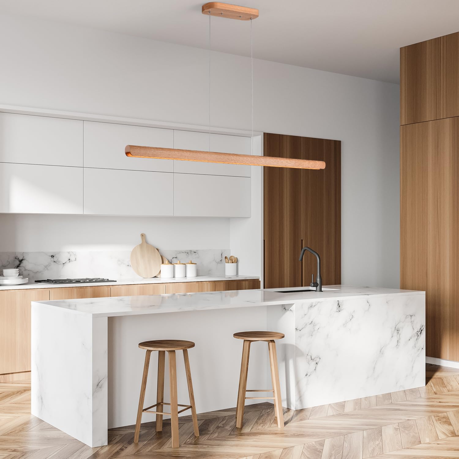Yisdesign 31-Inch Led Linear Pendant Light  Dimmable Wood Ceiling Lamp Minimalist Linear Chandelier  19W Warm Light 3000K  Modern Kitchen Island Dining Room Lighting Natural
