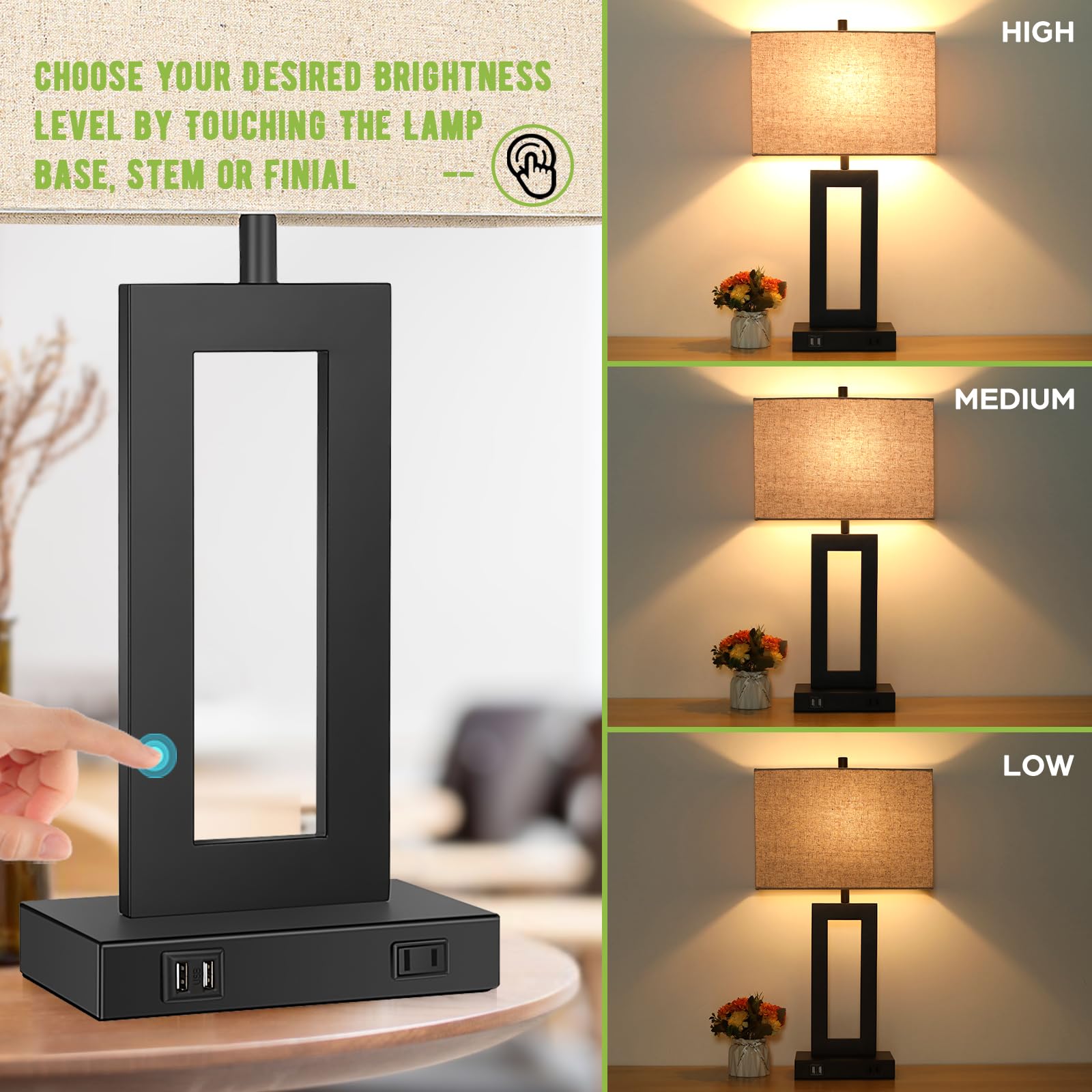 TOBUSA 28" Touch Control Table Lamps Set of 2, Dimmable with USB Ports, Metal, Black & Beige, Model T0344L-BK+AP-27