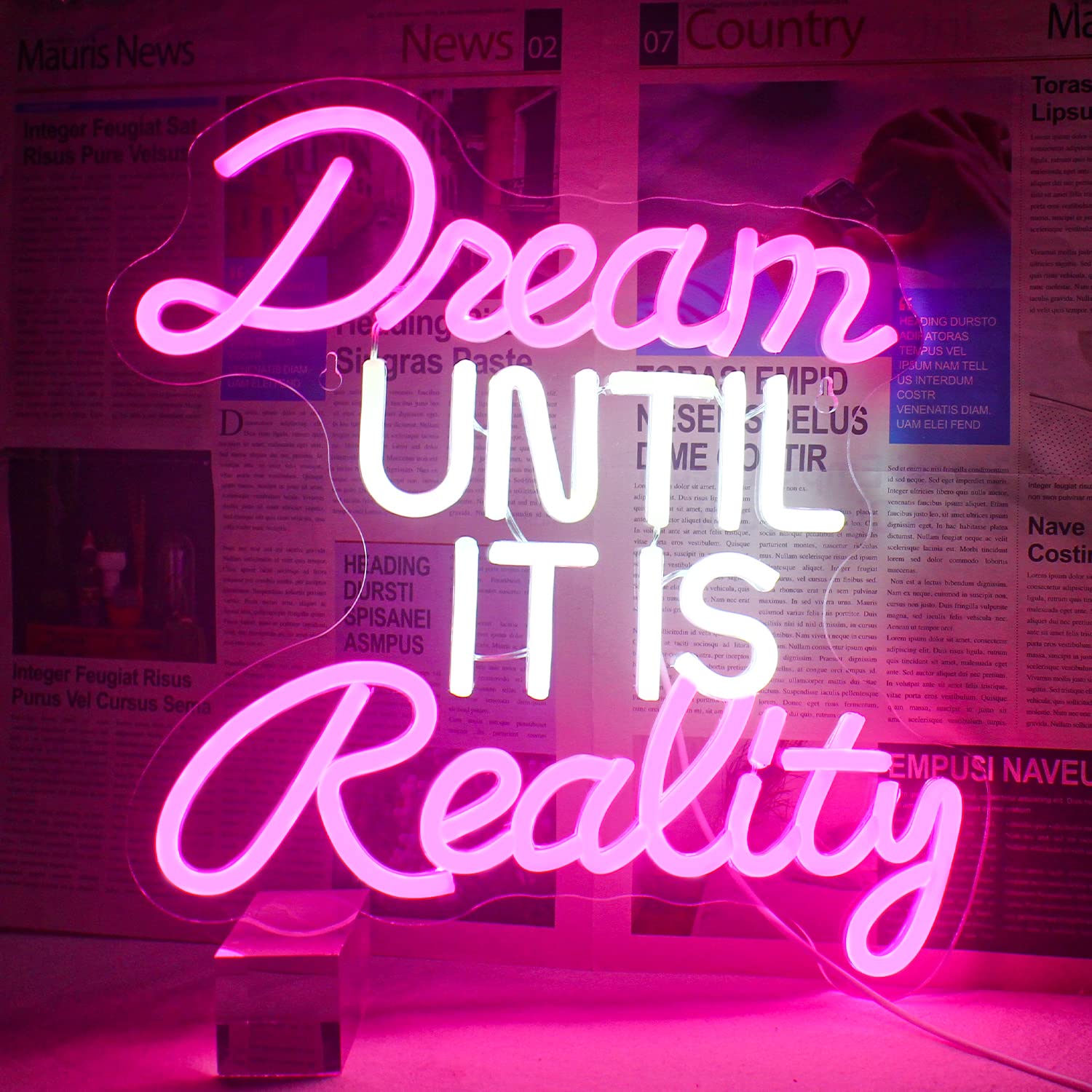 Horseneon Neon LED Sign - Dream Until It Is Reality - USB Powered - Acrylic - Pink/White - Model 1273 - Wall Decor for Bedroom/Office