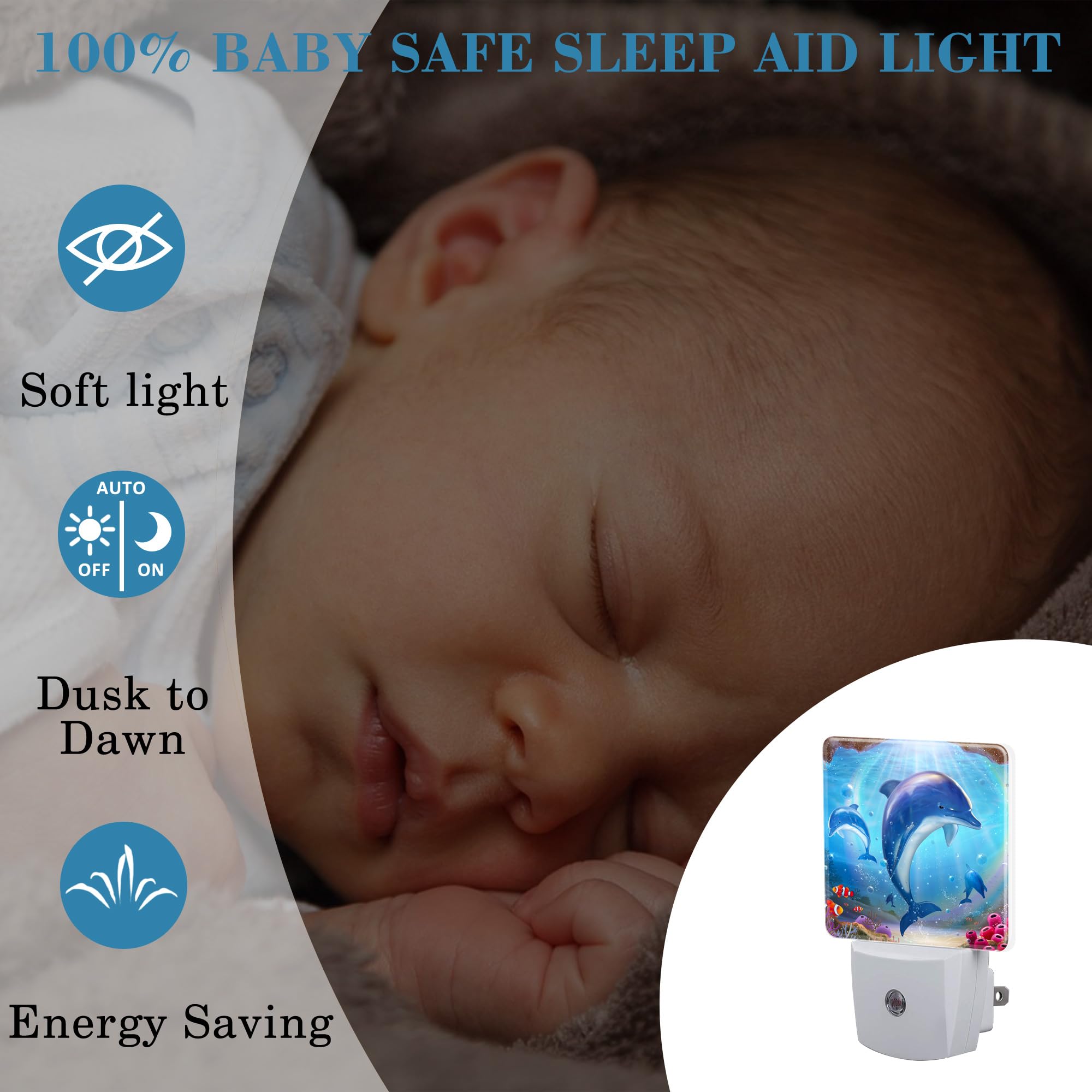 Uiaoiais Night Light For Kids Girls Boys, Cute Dolphins In Tropical Sea Led Night Light Plug Into Wall With Dusk To Dawn Sensor