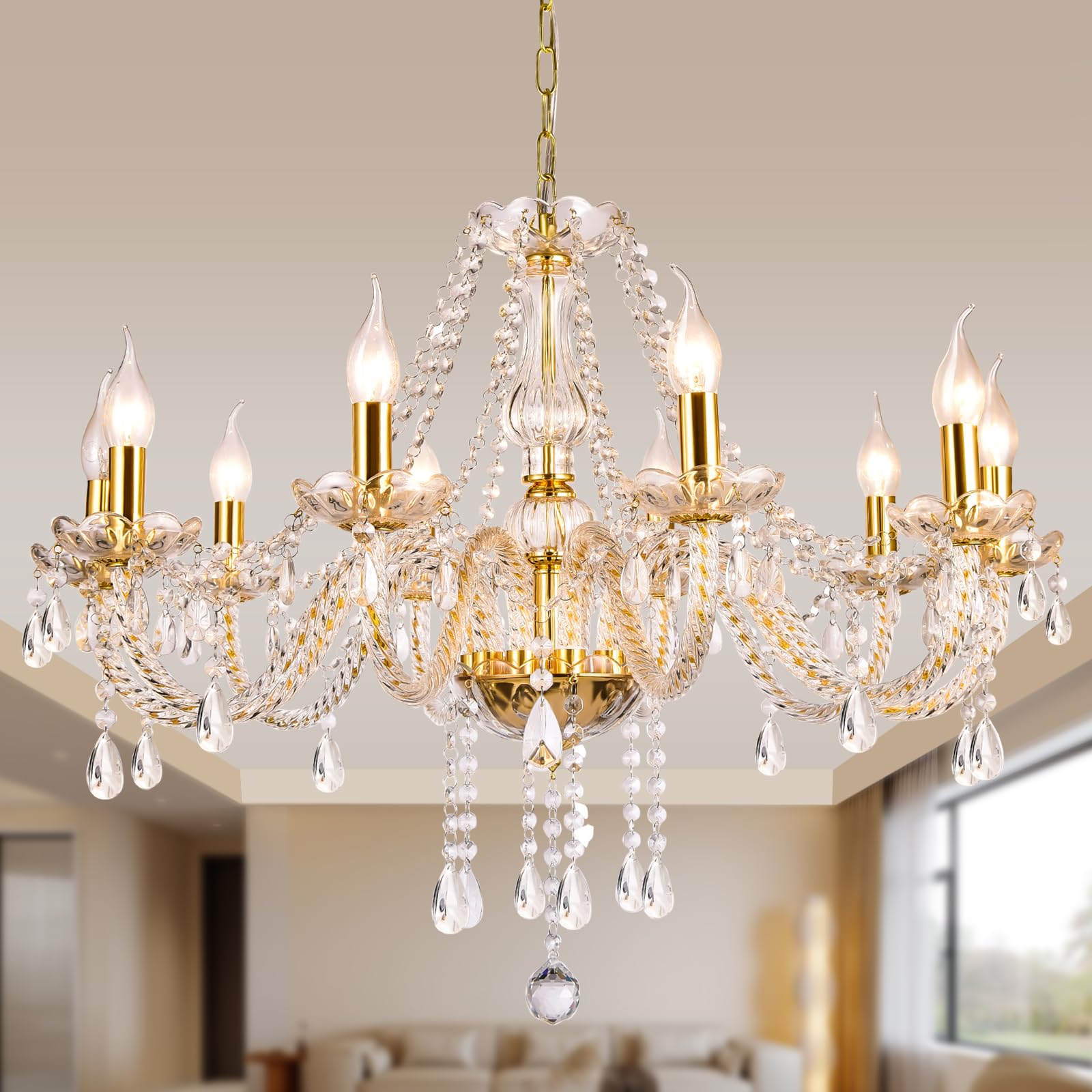 Baotree Modern Elegant 10 Lights K9 Crystal Glass Chandelier Golden Pendant Ceiling Lighting European Style For Dining Living Ro