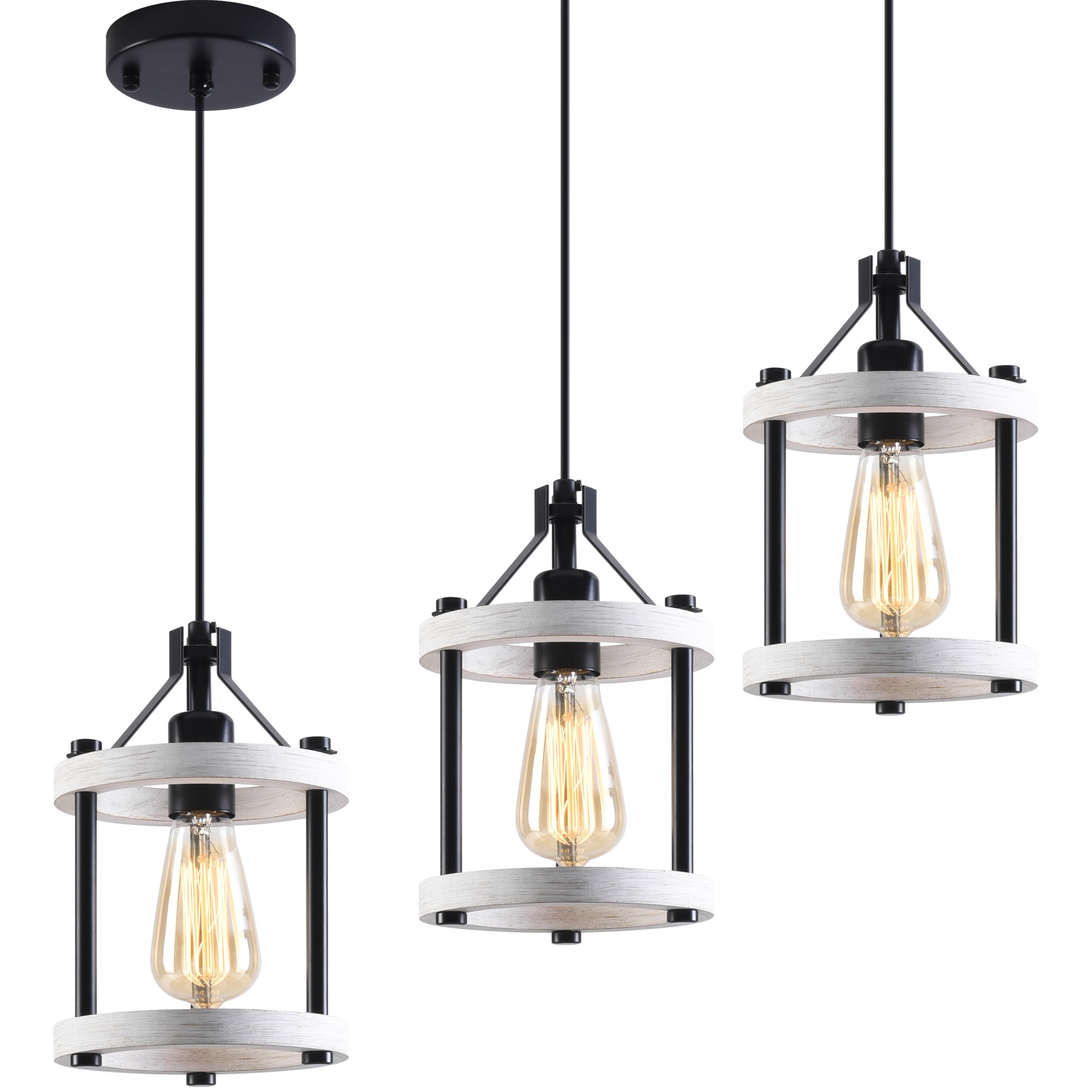 Mo&Ok Set Of 3 Kitchen Island Lighting,Rustic White Pendant Lights,Wooden Metal Chandelier Fixtures,59 Inch Adjustable Pipes,For