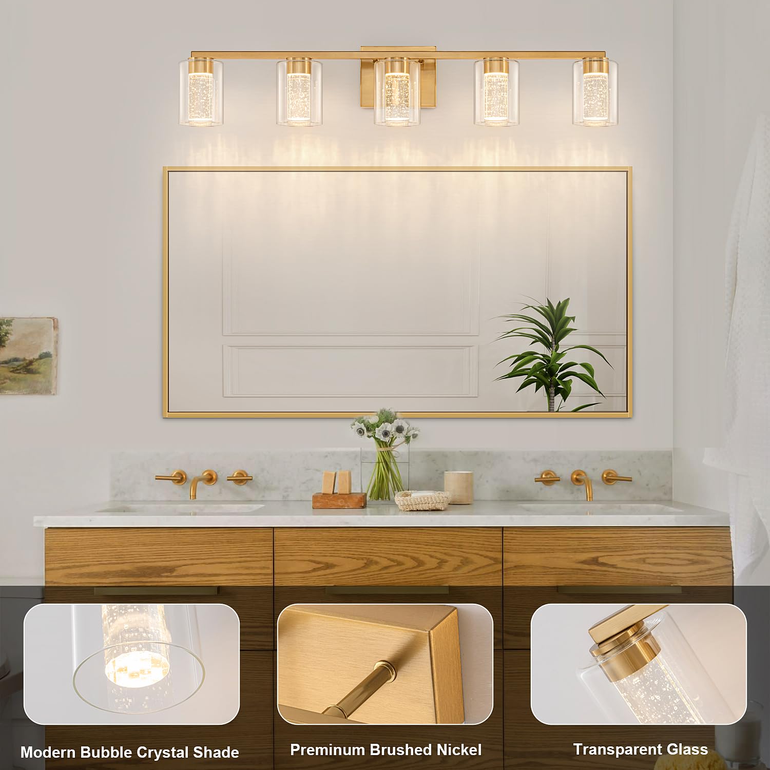 SineRise 5-Light Gold Vanity Light, Dimmable LED Fixture with 3 Color Modes, Stainless Steel, Clear Glass Shade