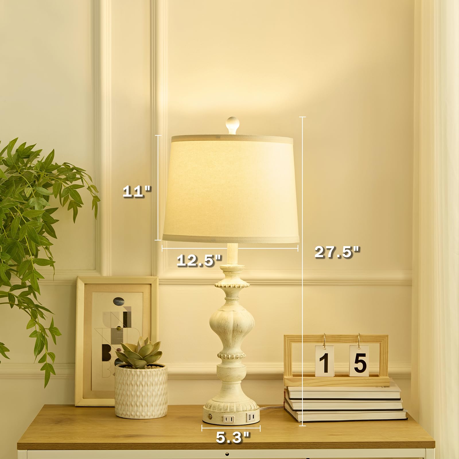 SAIWEYA 27.5" Farmhouse Table Lamps Set of 2 - 3 Way Dimmable Touch, USB C+A Ports & AC Outlet, White Gold