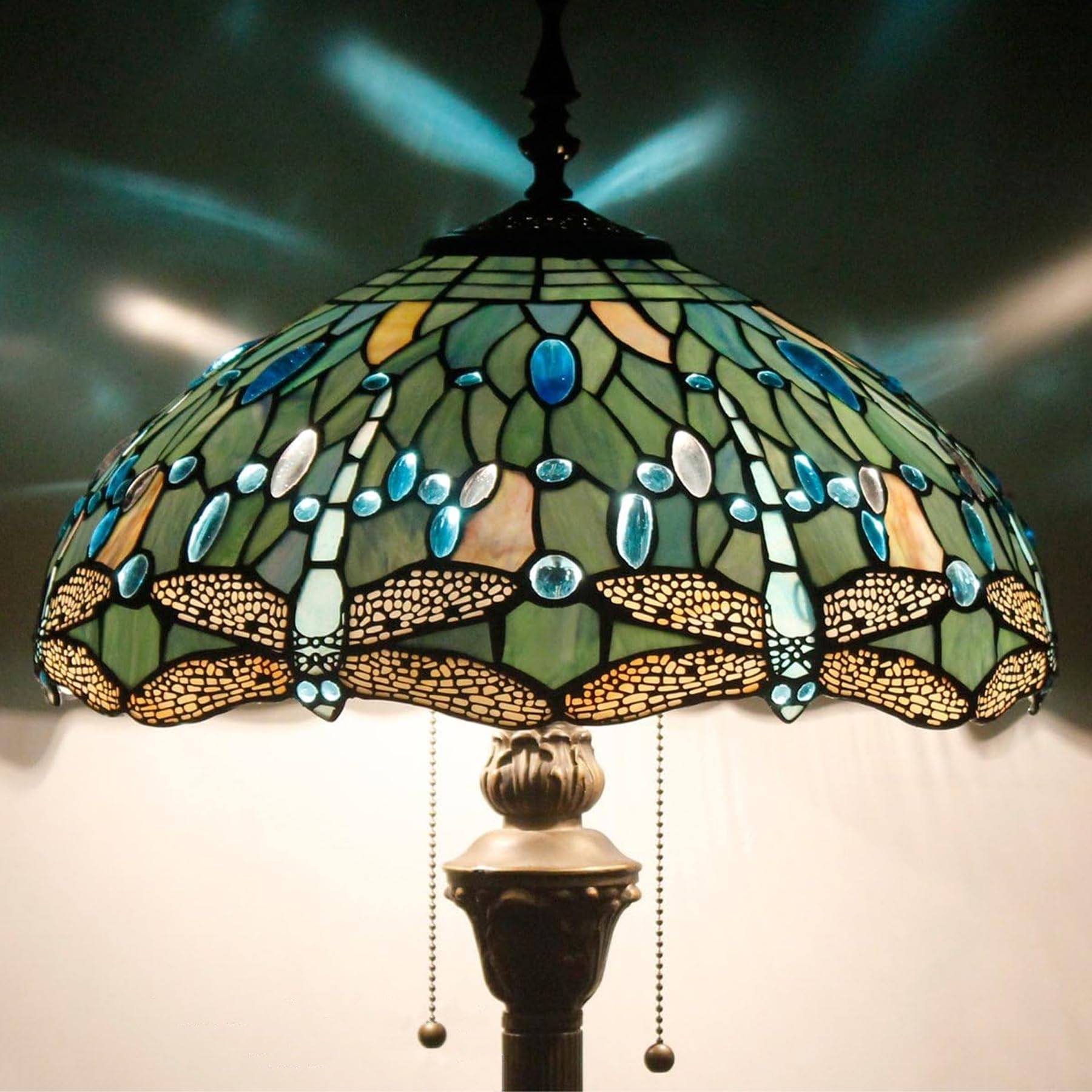 WERFACTORY Tiffany Floor Lamp - Sea Blue Stained Glass, 16x16x64 Inches, Antique Pole Design for Bedroom & Living Room, S147 Series