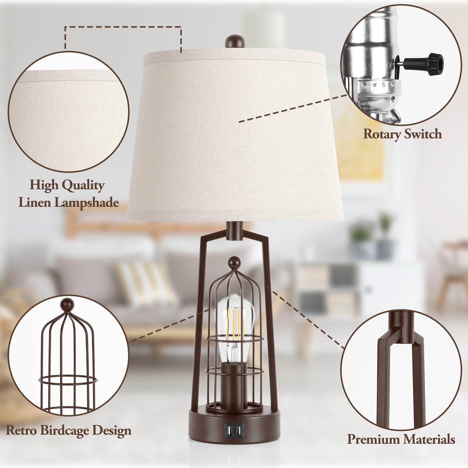 Brightever Farmhouse Table Lamps Set of 2, Metal with Beige Shade, USB Ports, Bronze, Model JT2026.BR