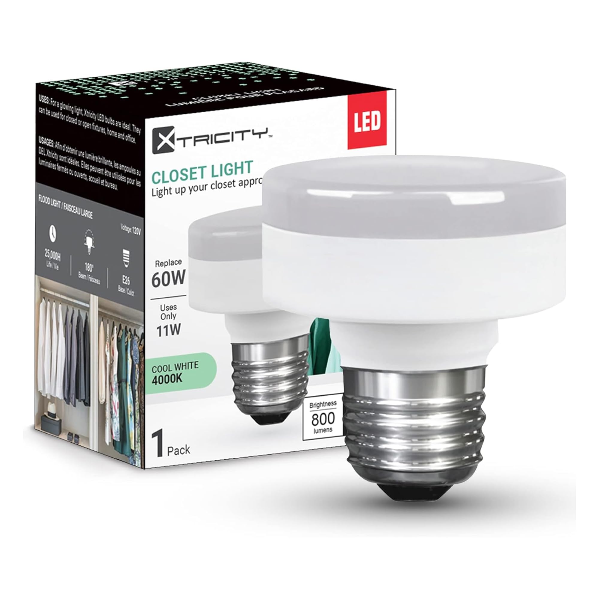 Xtricity LED Puck Light Bulb, Dimmable, 11W (60W Equivalent), 800 Lumens, 4000K Cool White, Plastic, 1 Pack