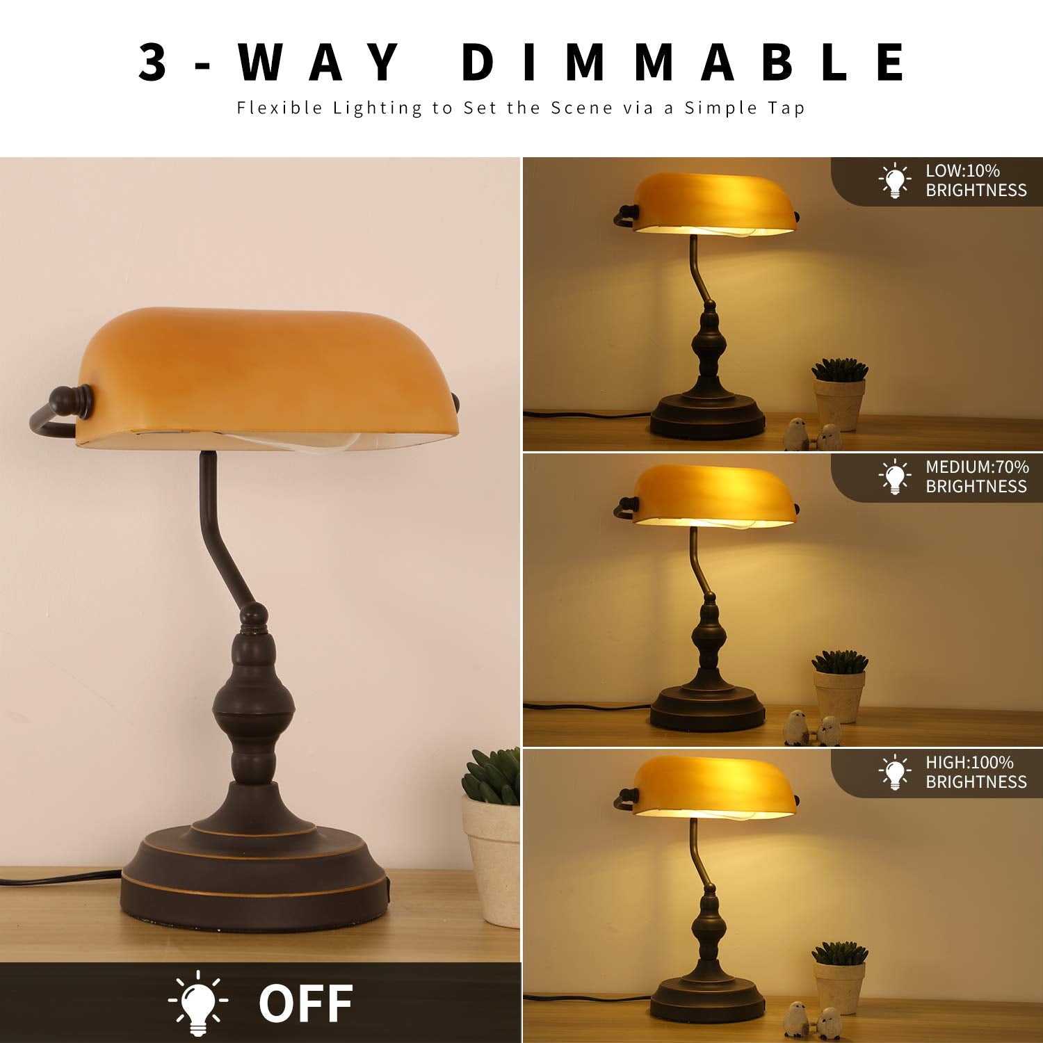 Liylan Bank Desk Lamp Touch Control, Vintage Bankers Lamps With Usb Port, 3 Way Dimmable Desk Lamps, Farmhouse Library Desk Lamp