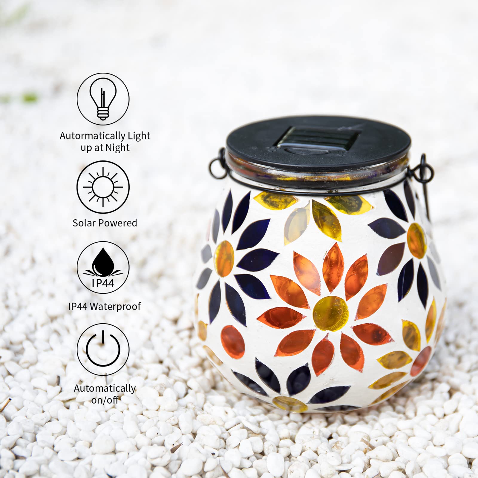 Afirst Mosaic Solar Lantern - Glass Hanging Light, Waterproof Table Lamp for Garden, Patio, Holiday - Model 4431910A, Color Daisy