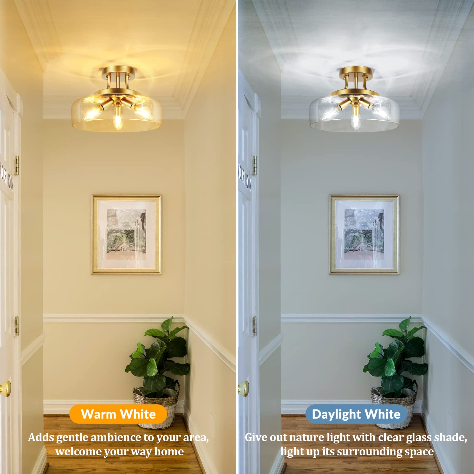 Tobusa 3-Light Gold Semi Flush Mount Ceiling Light With Glass Shade For Living Room And Kitchen