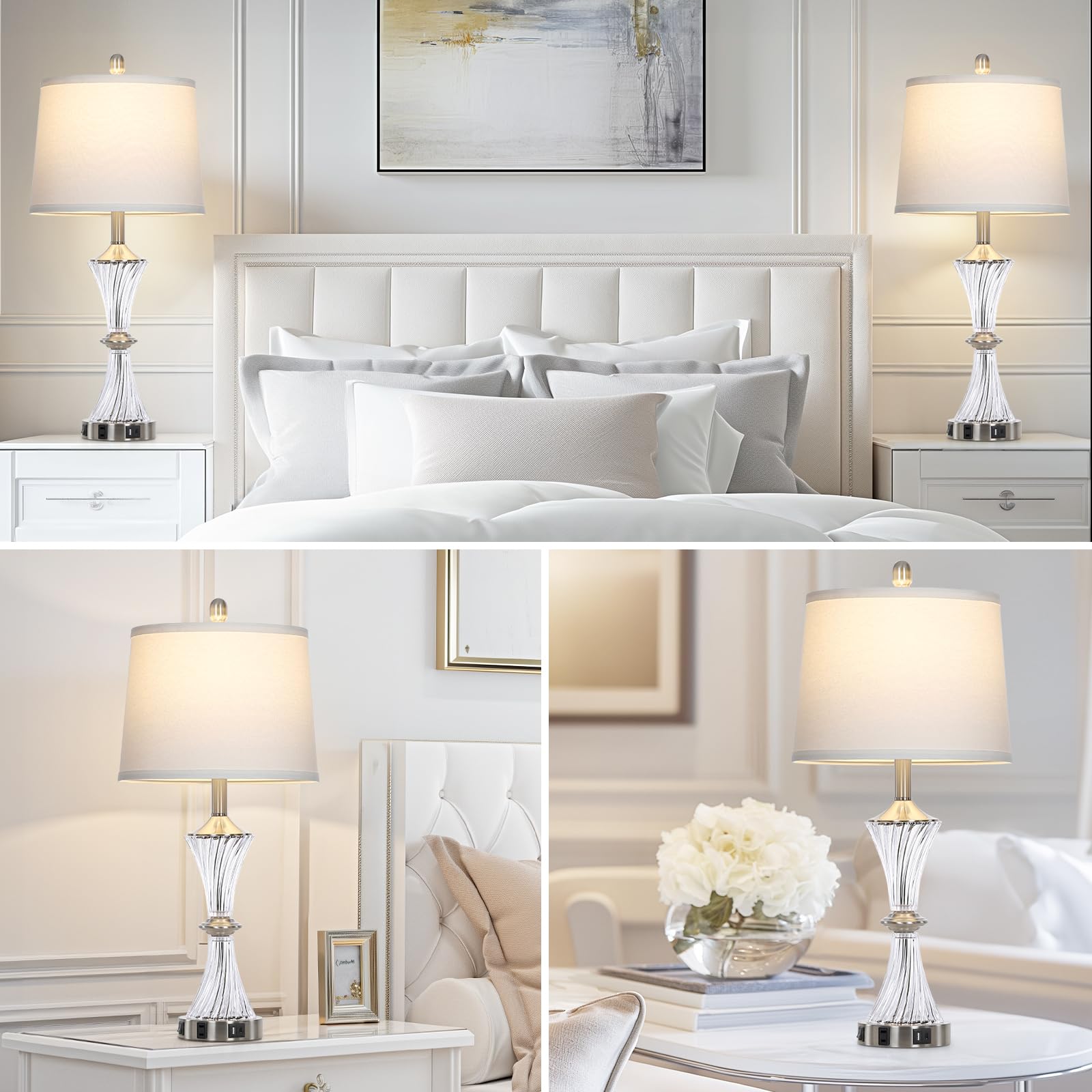 Rinweey Crystal Glass Table Lamp Set of 2 - USB C+A Ports & AC Outlet, Silver Modern Nightstand Lamps with LED Bulbs