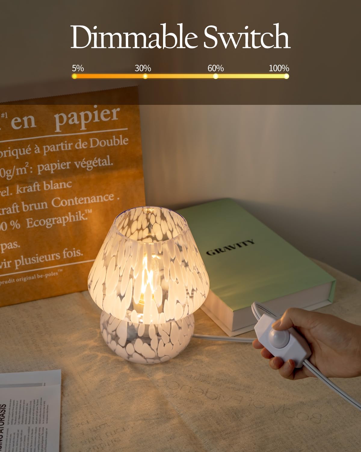 Onewish Mushroom Lamp Small Bedside Table Lamp-Nightstand Nightlight Dimmable Stepless, Translucent Glass Desk Lamp For Bedroom