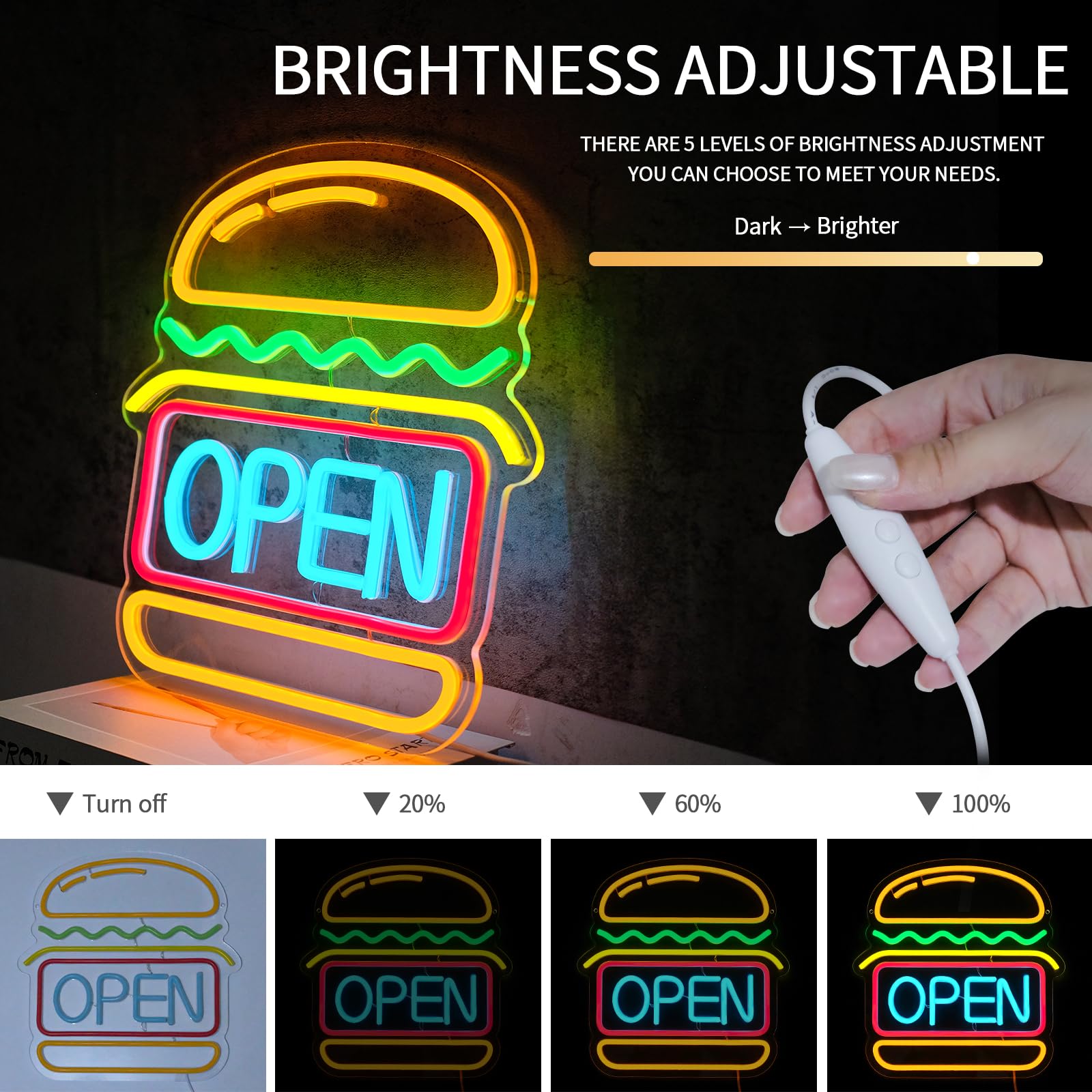Virlusy Open Neon Sign - Dimmable Hamburger LED Wall Decor, Medium, Acrylic, Multi-Color, Model YL-Open Burger for Restaurants & Parties
