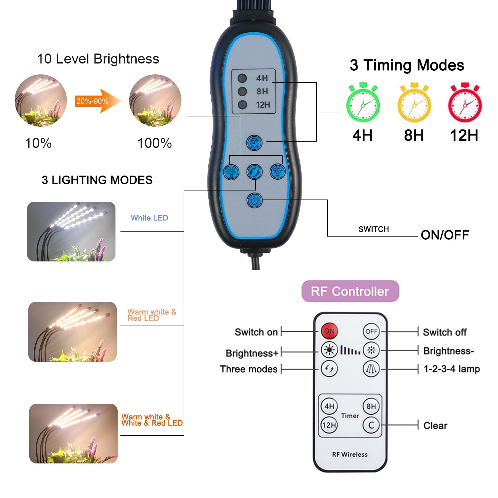 Growstar Plant Grow Light With Stand, 4 Heads Full Spectrum Grow Lamps With 15-63&quot; Adjustable Tripod Stand, 4/8/12H Timer, 3 Switch Modes, Indoor Plant Light With Remote Control
