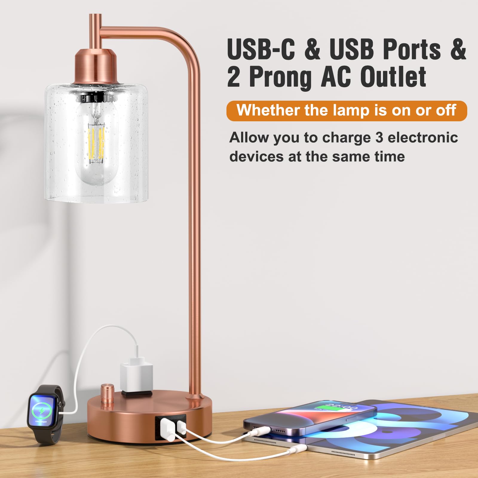 Innqoo Industrial Table Lamps For Bedrooms Set Of 2 - Fully Dimmable Bedside Lamps With Usb Ports And Outlet, Copper Nightstand