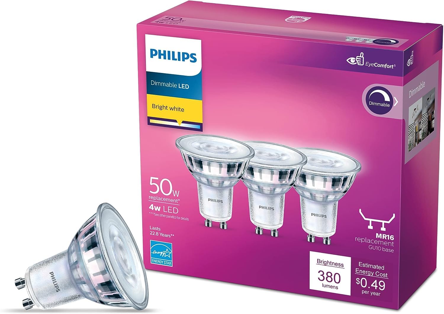 Philips LED MR16 Bulbs, Dimmable, Flicker-Free, 380 Lumen, 4W=50W, T20 Certified, 3 Count, Bright White