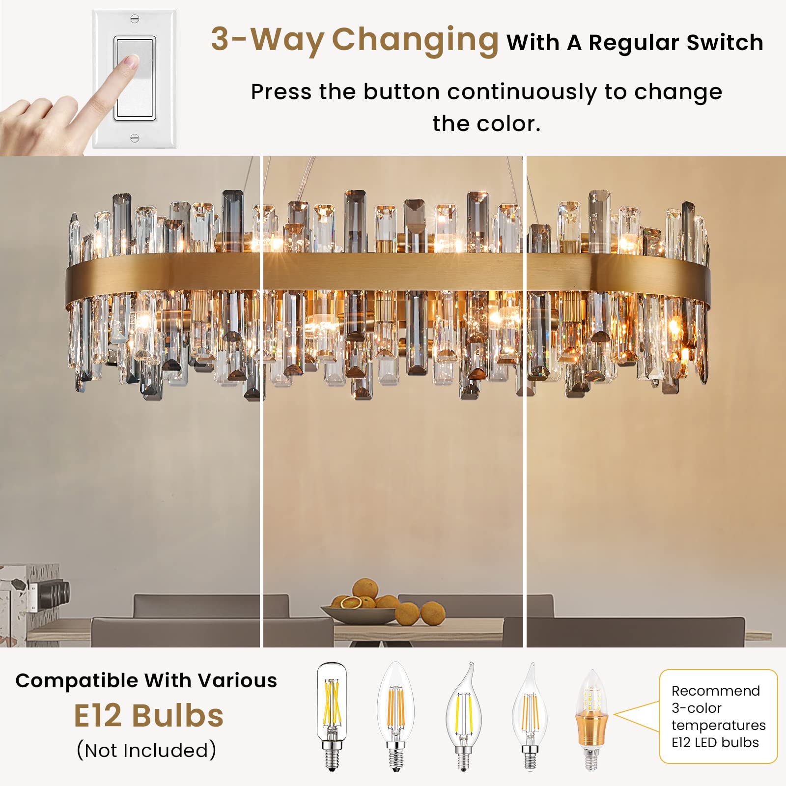 Siljoy 35.4in  Gold Oval Crystal Chandelier, 16-Light K9 Crystal, Metal, Clear & Grey, Model FSK0622, Ideal for Dining Room and Kitchen Island