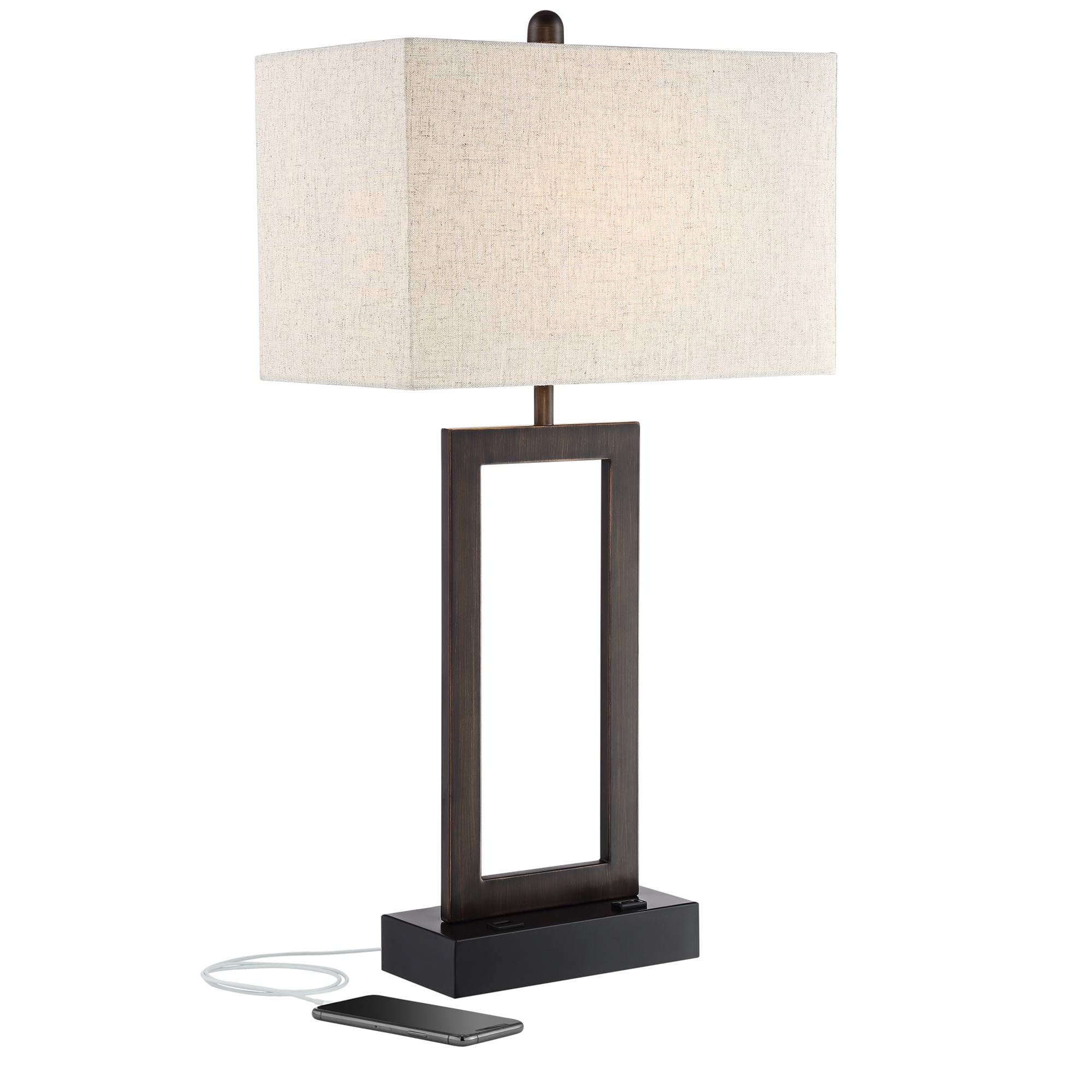 360 Lighting Modern Table Lamp with USB & AC Outlet, 30in Tall, Bronze, Oatmeal Fabric Shade, Model 42V69