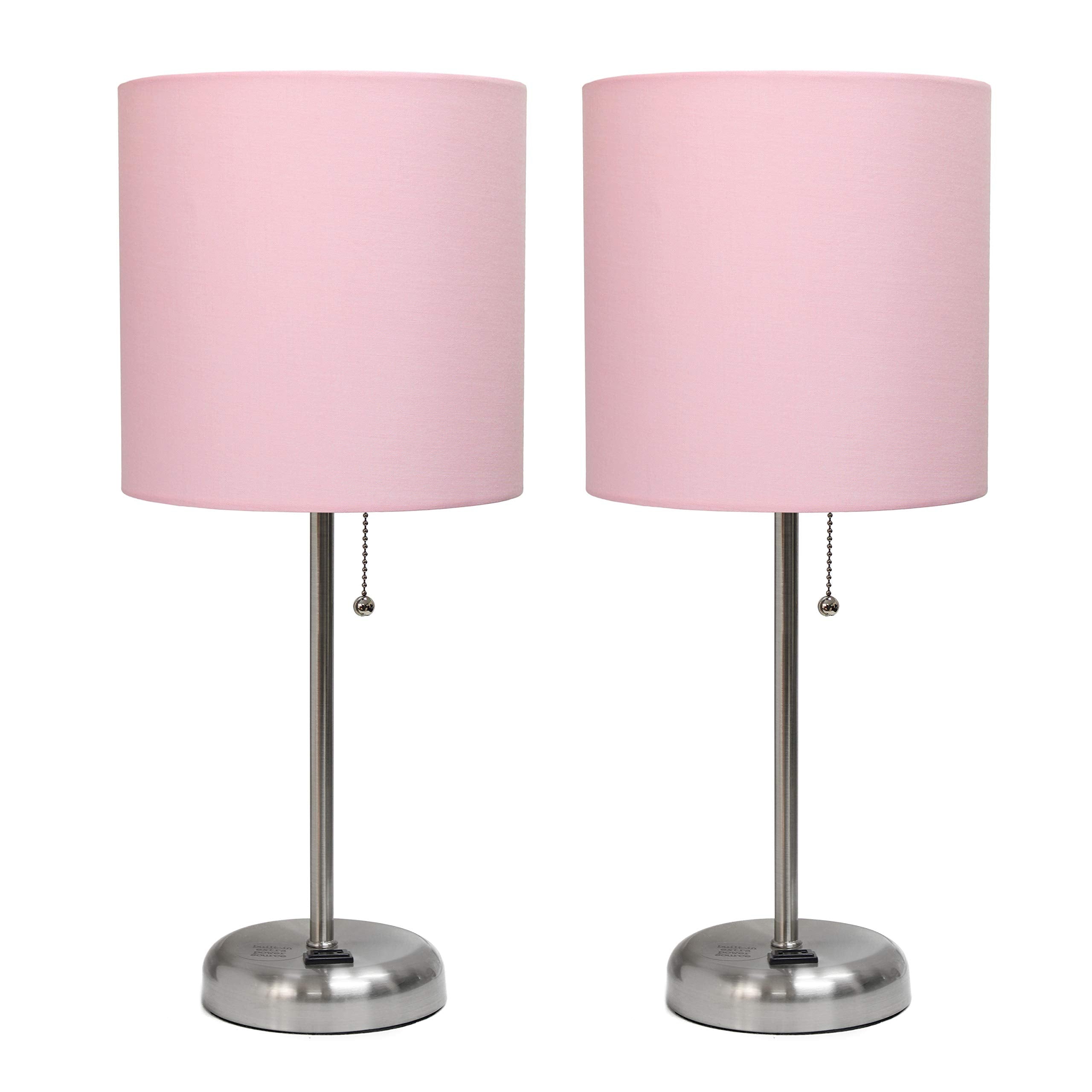 Simple Designs Lc2001-Lpk-2Pk Brushed Steel Stick Table Lamp Set With Charging Outlet And Light Pink Fabric Shades, 2 Pack Set