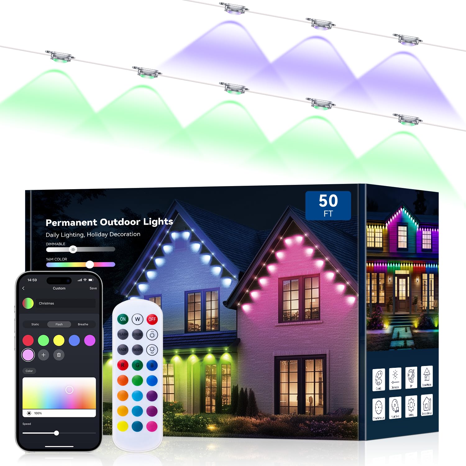lemonrole 50FT RGB Outdoor Lights - App Control, IP67 Waterproof, Multicolor, Model 3030