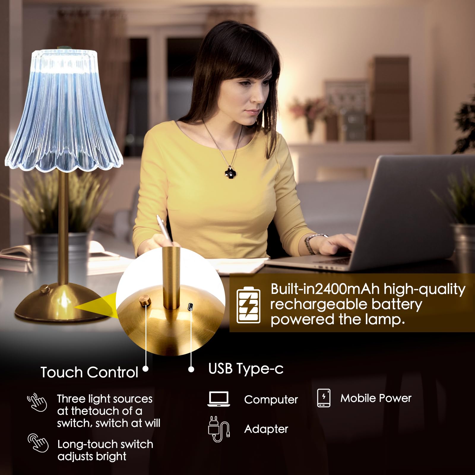 Rechargeable Cordless Table Lamp, Battery Operated Touch Control Desk Light With Dimmable Led Lighting Usb Charging, Portable Vi