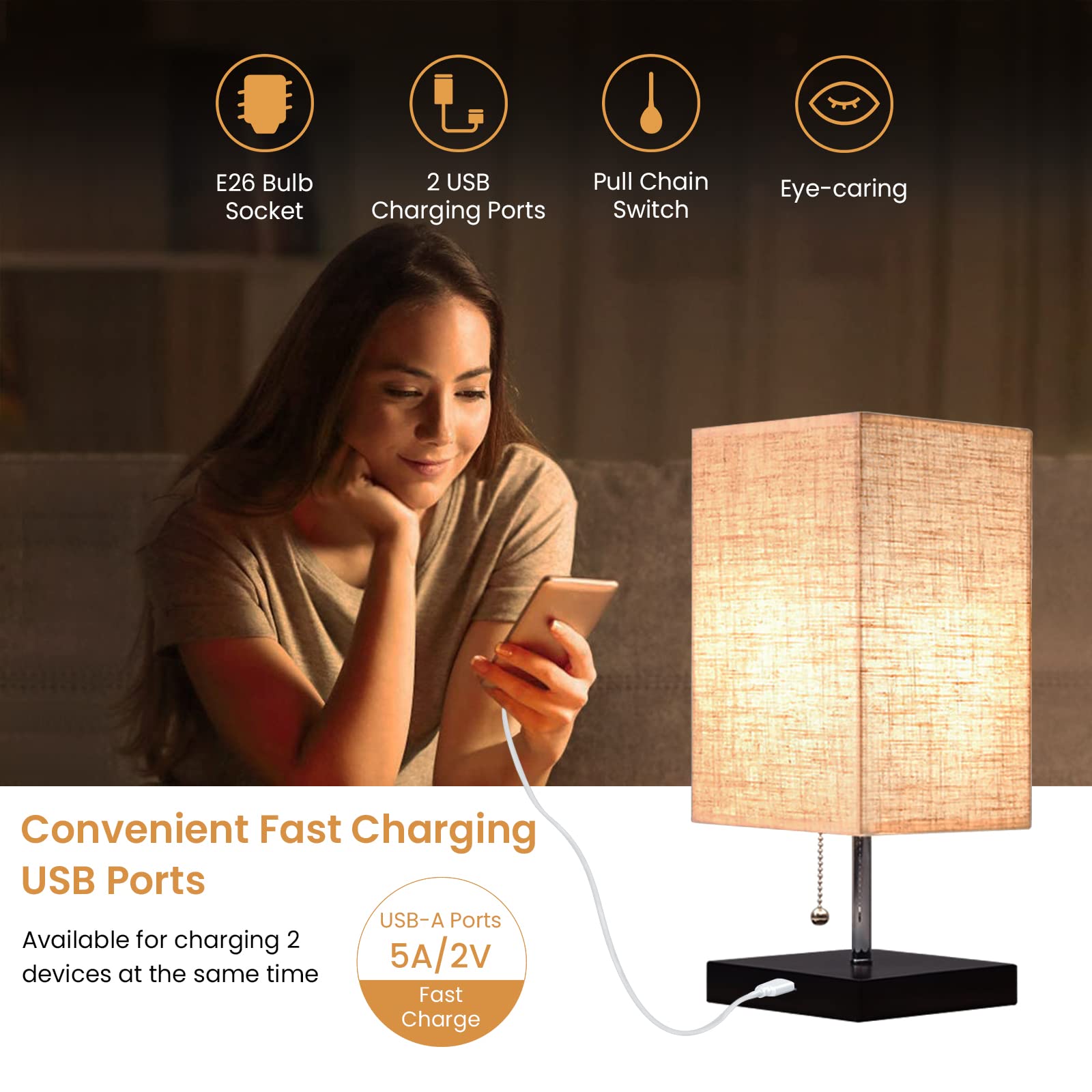 Siljoy Modern Bedside Table Lamp with USB Ports, Pull Chain Switch, Fabric Shade, Square, Black Base