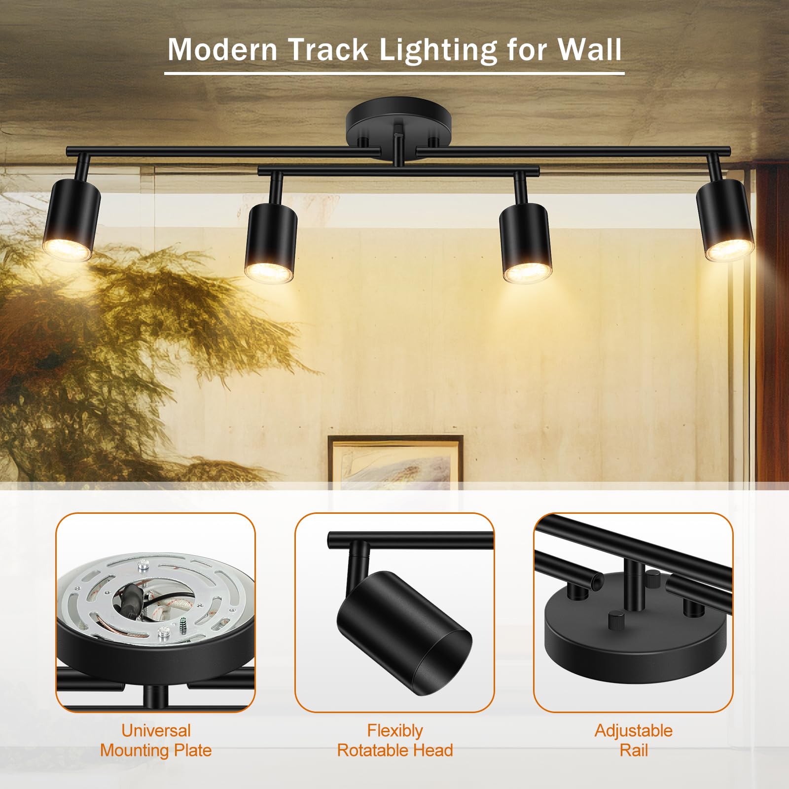 4 Light Track Lighting Kit Kitchen, Black Track Lighting Fixtures Ceiling, 4 Way Modern Flexible Spot Track Lighting, Industrial