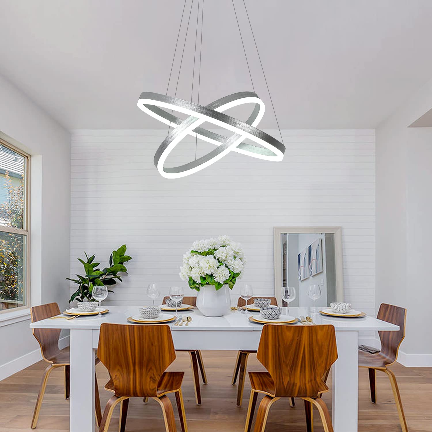 Xgzl · Lighting 2-Rings Modern Led Chandelier Silver For Dining Room, Dimmable Pendant Lighting With Remote Control Circular Flush Mount High Ceiling Light For Bedroom Living Room Foyer, 3000K-6500K
