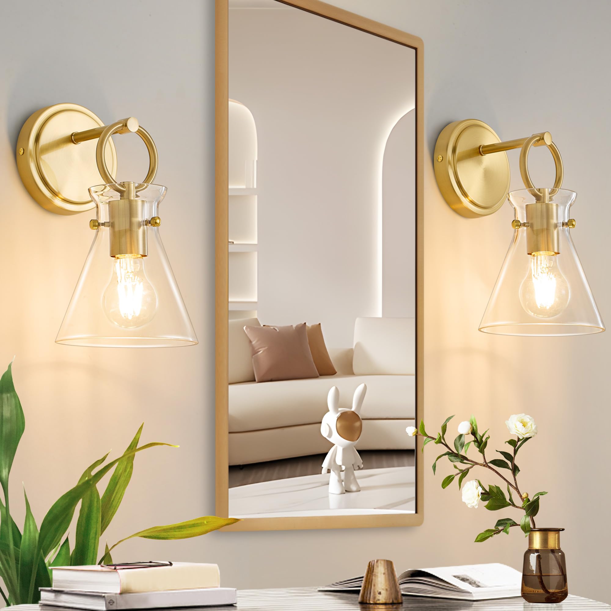 Gednbo Gold Wall Sconces Set Of 2 Modern Vanity Light Fixtures For Bathroom Wall Mount Lighting Lamp Hardwired Farmhouse Wall Lights With 6 Inch Clear Glass Shade For Bedroom Living Room Mirror