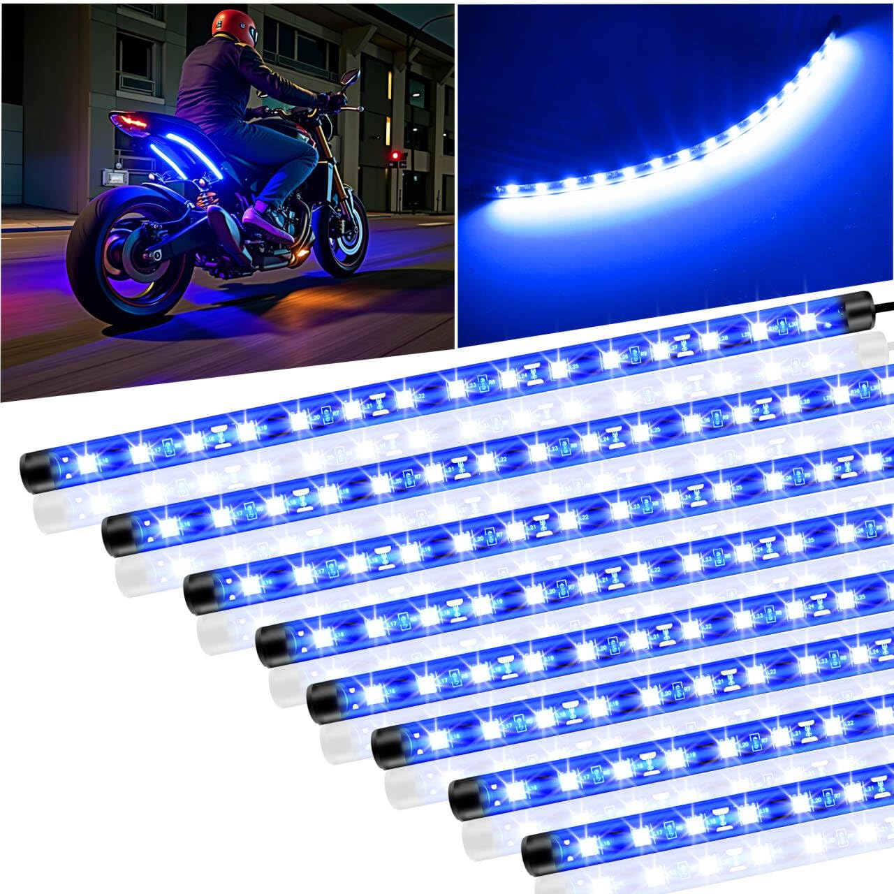 LEYMANRIYA 8 Pcs Car Led Light Band IP67 Waterproof 11 Flexible Led Lights Underglow 12V for Car Motorcycle Boat Golf Cart Interior Exterior Decoration - Blue