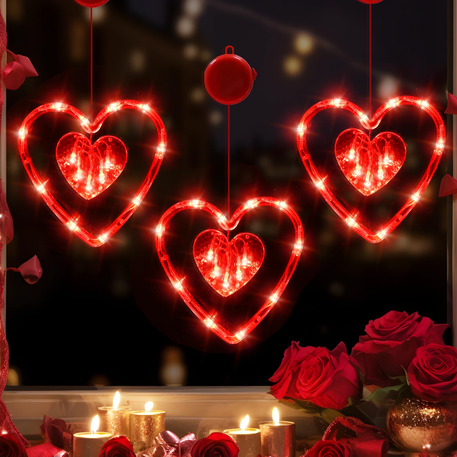 LOLStar 3 Pack Valentines Day Window Lights Decor with Timer, Battery Operated Red Heart-Shaped Window Decorations Silhouette Su