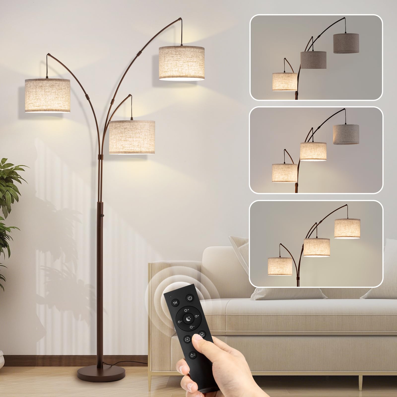 Fansdrick Dimmable Floor Lamp - Arc Floor Lamps for Living Room, 4000LM Super Bright Modern Tall Standing Lamp with Black Shades