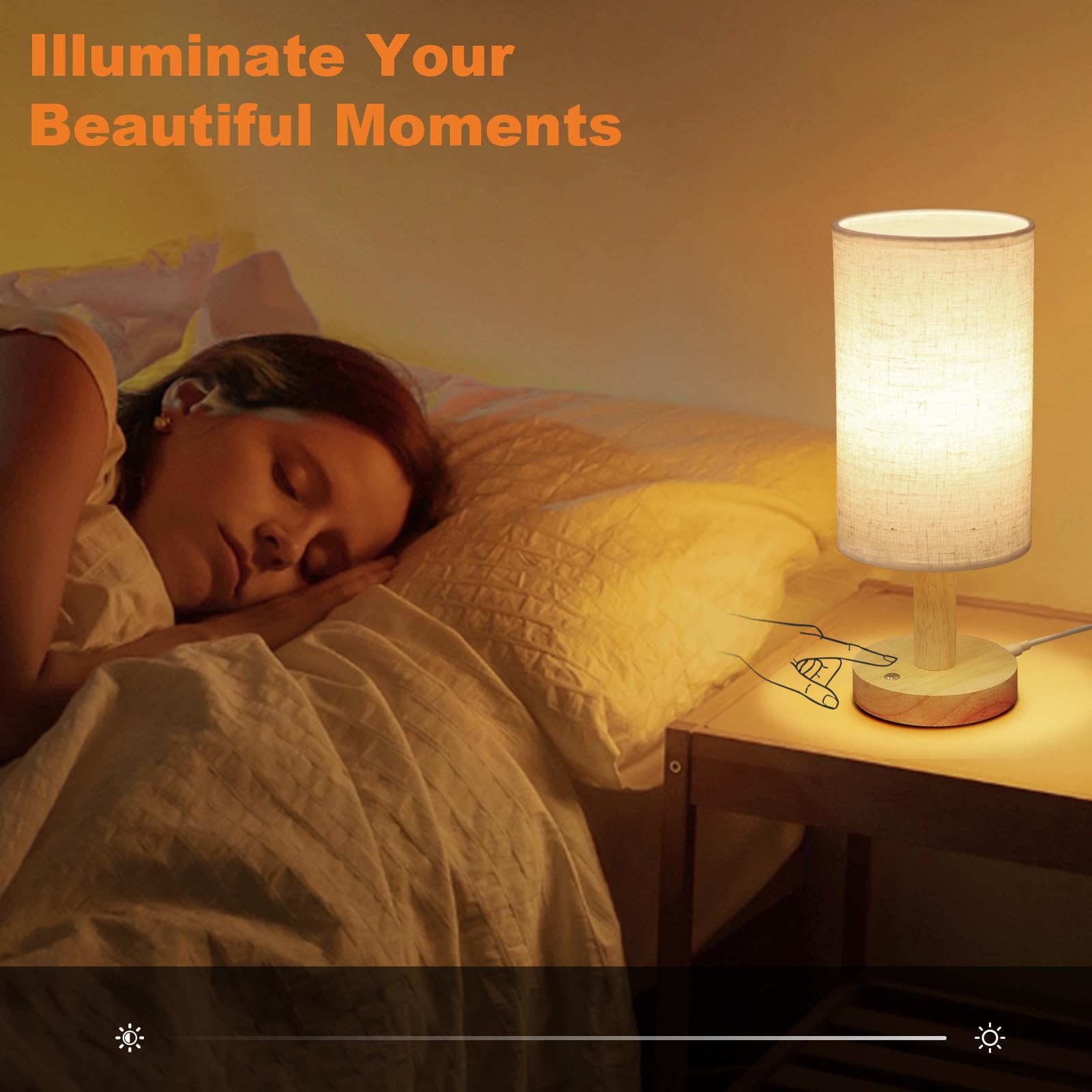 SEENSINY Small Corded Touch Bedside Lamp, Linen Shade, Stepless Dimming, USB-Powered, Cozy Night Light for Bedroom, Nursery, Camping