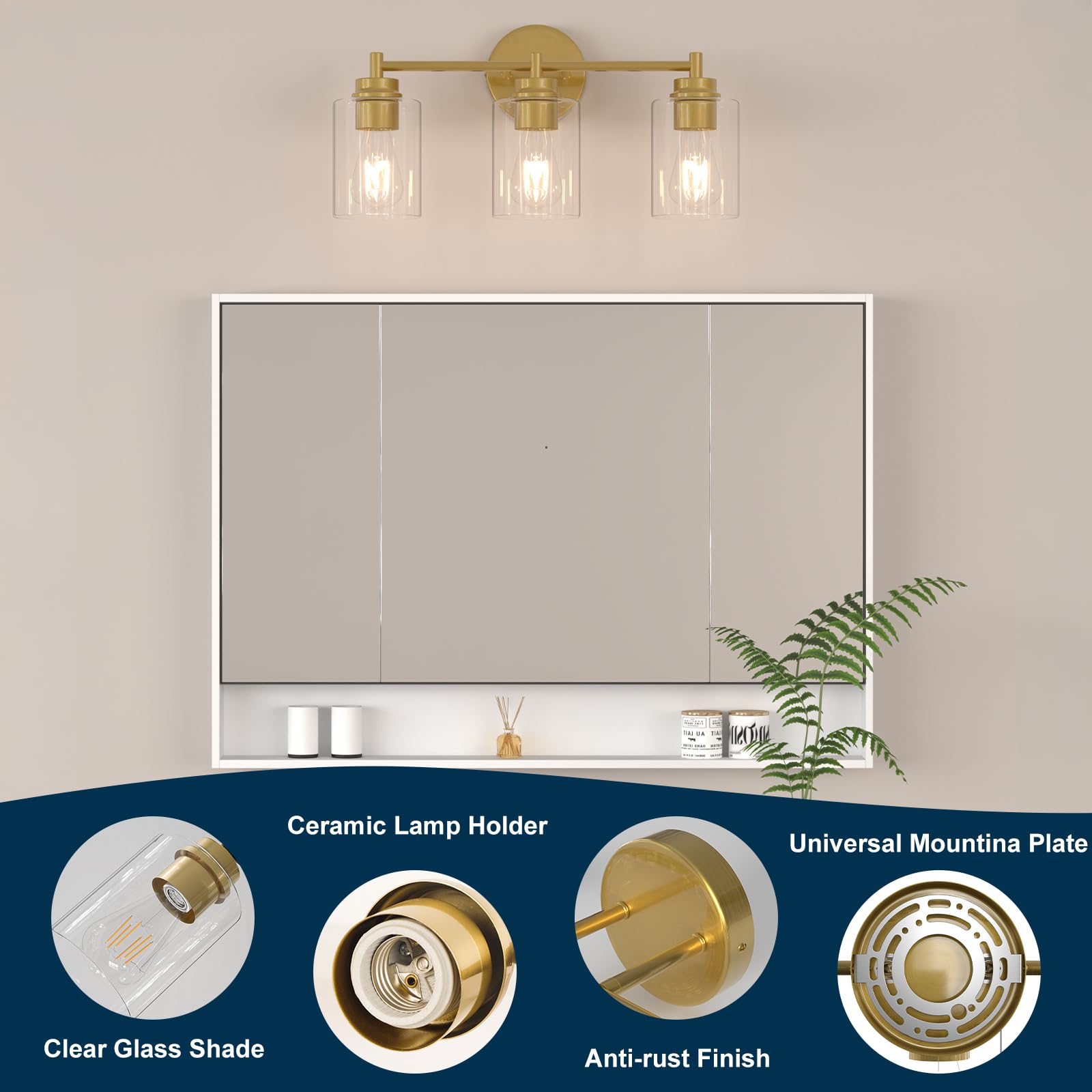 Sobrovo Bathroom Vanity Light Fixtures, 3-Light Brushed Gold Wall Sconce With Clear Glass, Modern Vanity Lights Over Mirror For