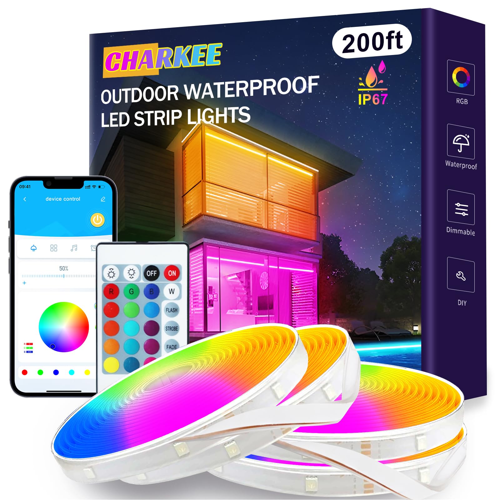 CHARKEE LED Strip Lights 200ft Waterproof Bluetooth RGB Tape Lighting IP67 Music Sync for Outdoor Pool Yard Decoration Model TTGA002-AUS-C1