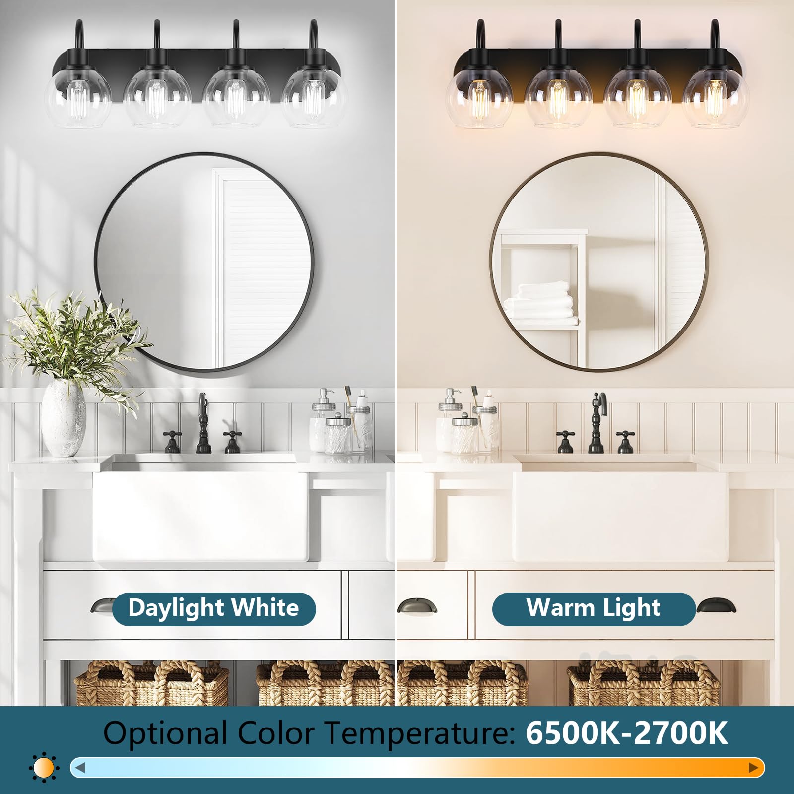 Dpyrrhic 4-Light Bathroom Vanity Light Fixture, Matte Black Metal, Clear Glass Globe Shade, Model JD-193